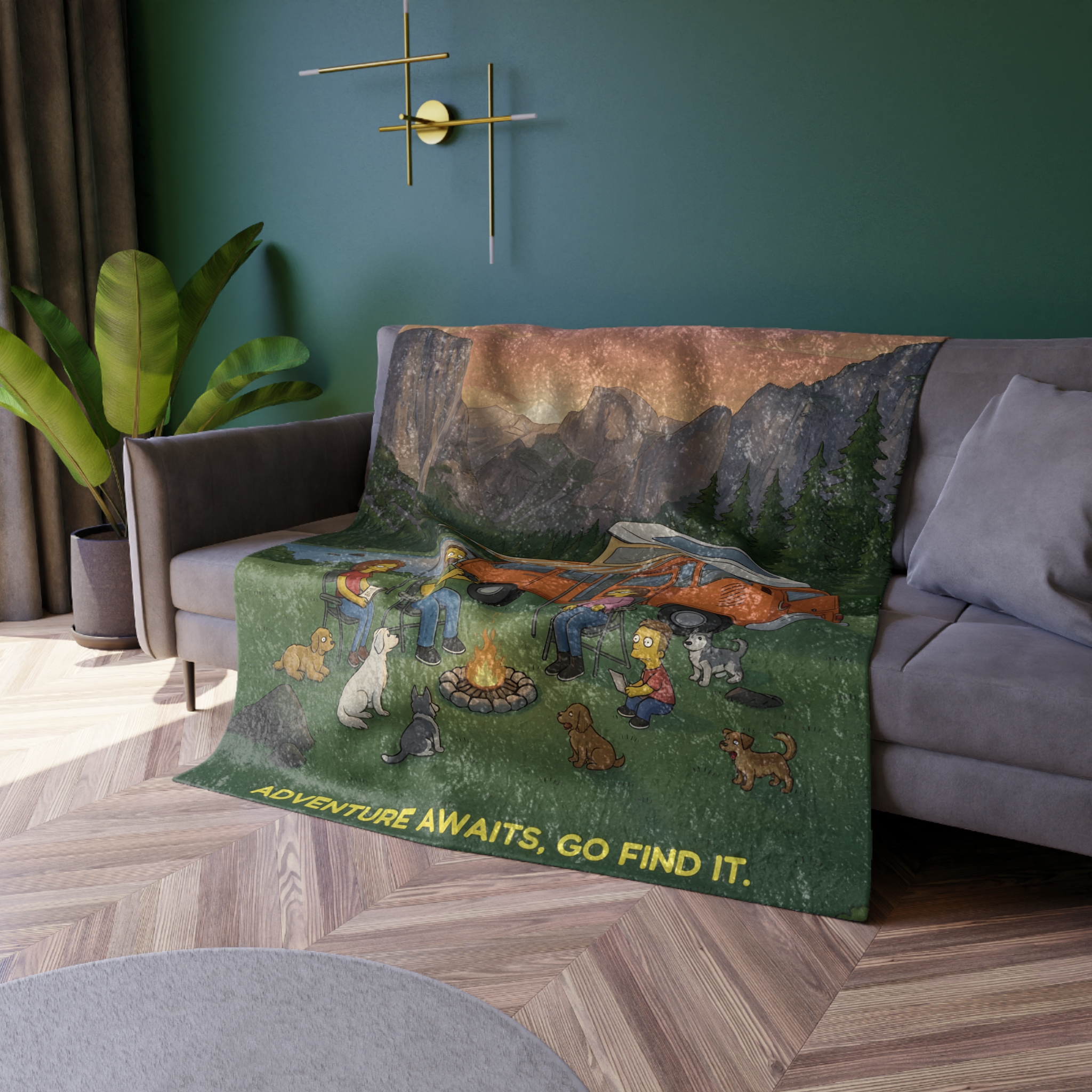 Crushed Velvet Blanket —"Adventure Awaits-Go Find It"" Design Sitcom-Line (Campervan)