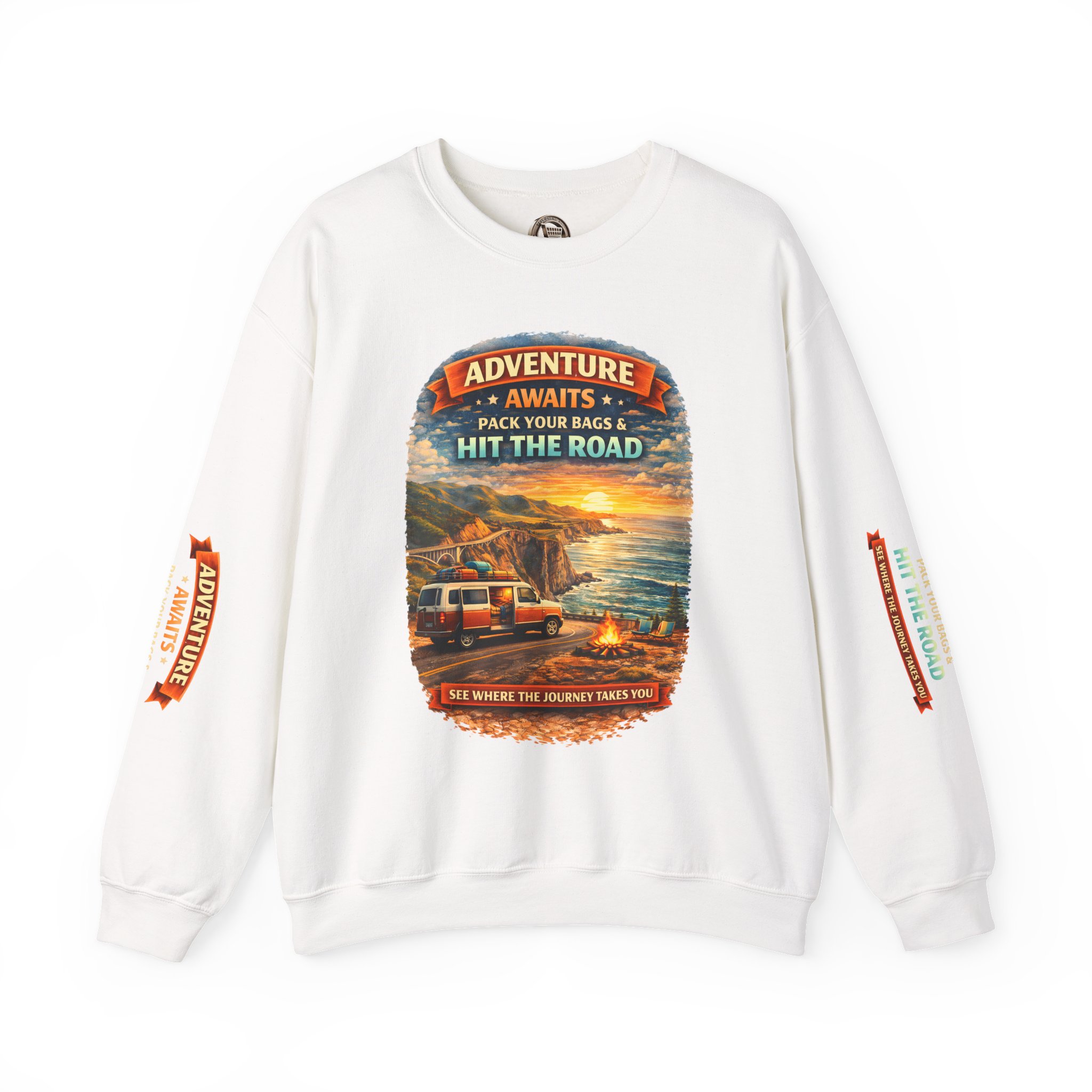 Unisex Heavy Blend™ Crewneck Sweatshirt — "Adventure Awaits-Pack Your Bags" Design Scenic-Line