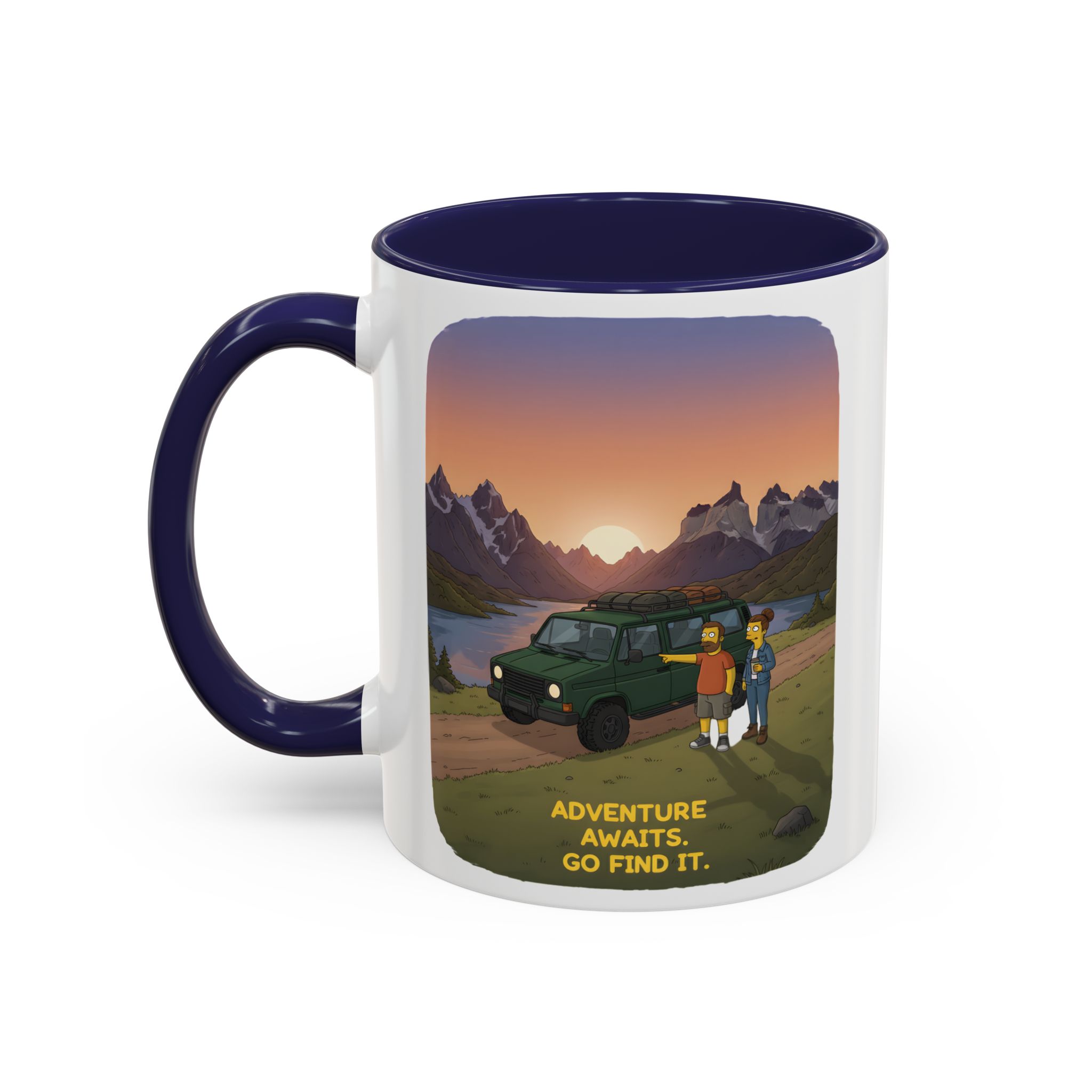 Accent Coffee Mug (11, 15oz) — "Adventure Awaits-Go Find It" Design Sitcom-Line