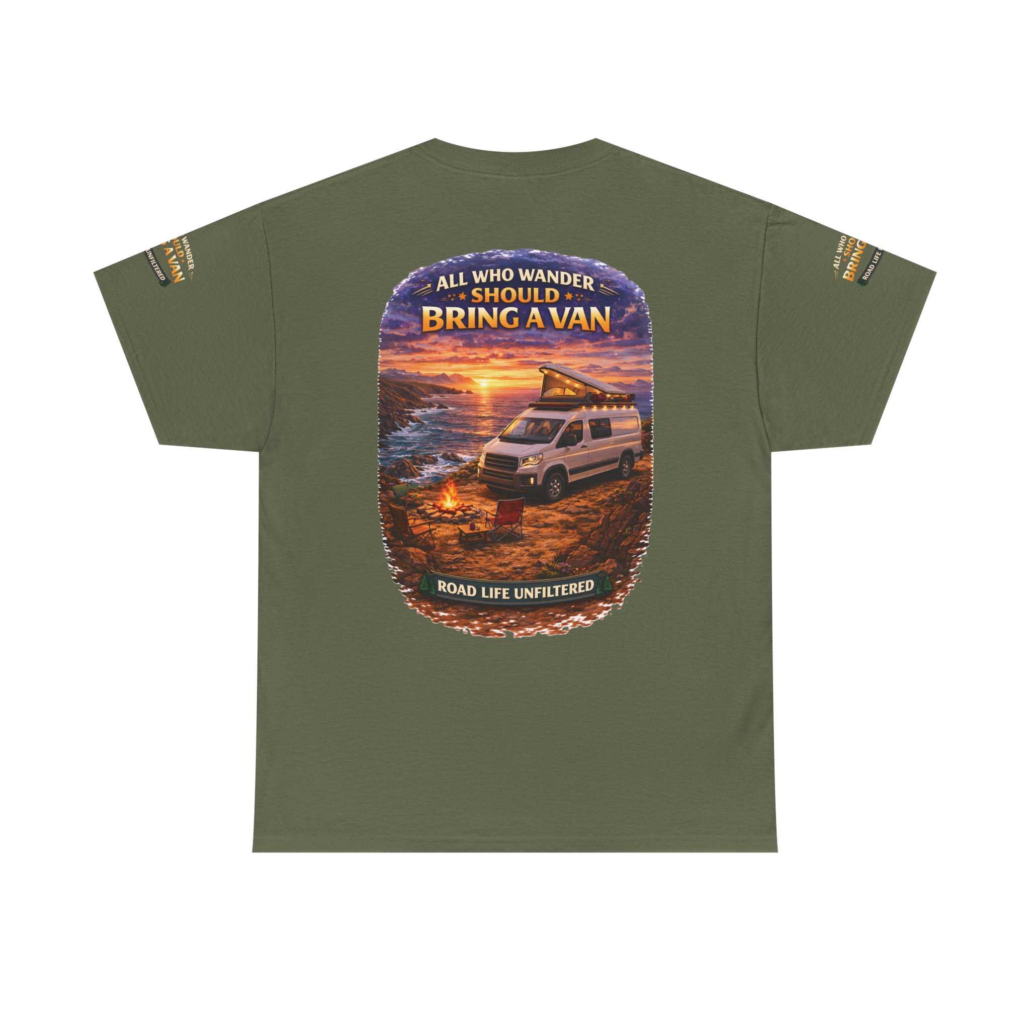 Unisex Heavy Cotton Tee — "All Who wander Should Bring A Van" Design Scenic-Line