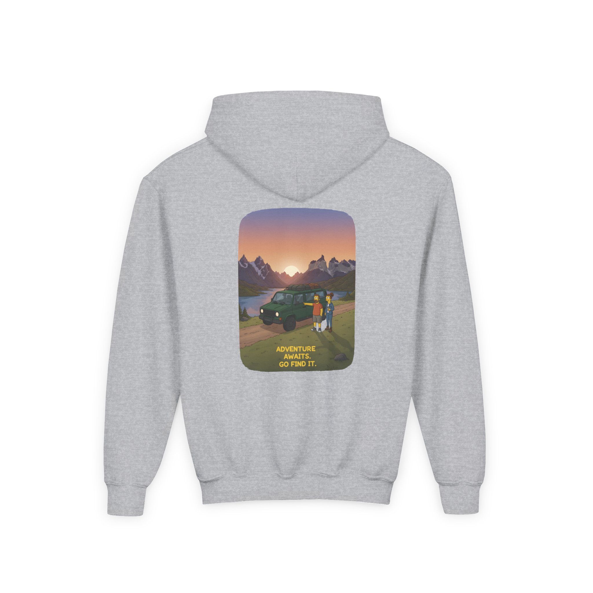 Youth Hoodie(Gildan) – "Adventure Awaits-Go Find It" (Design Sitcom-Line)