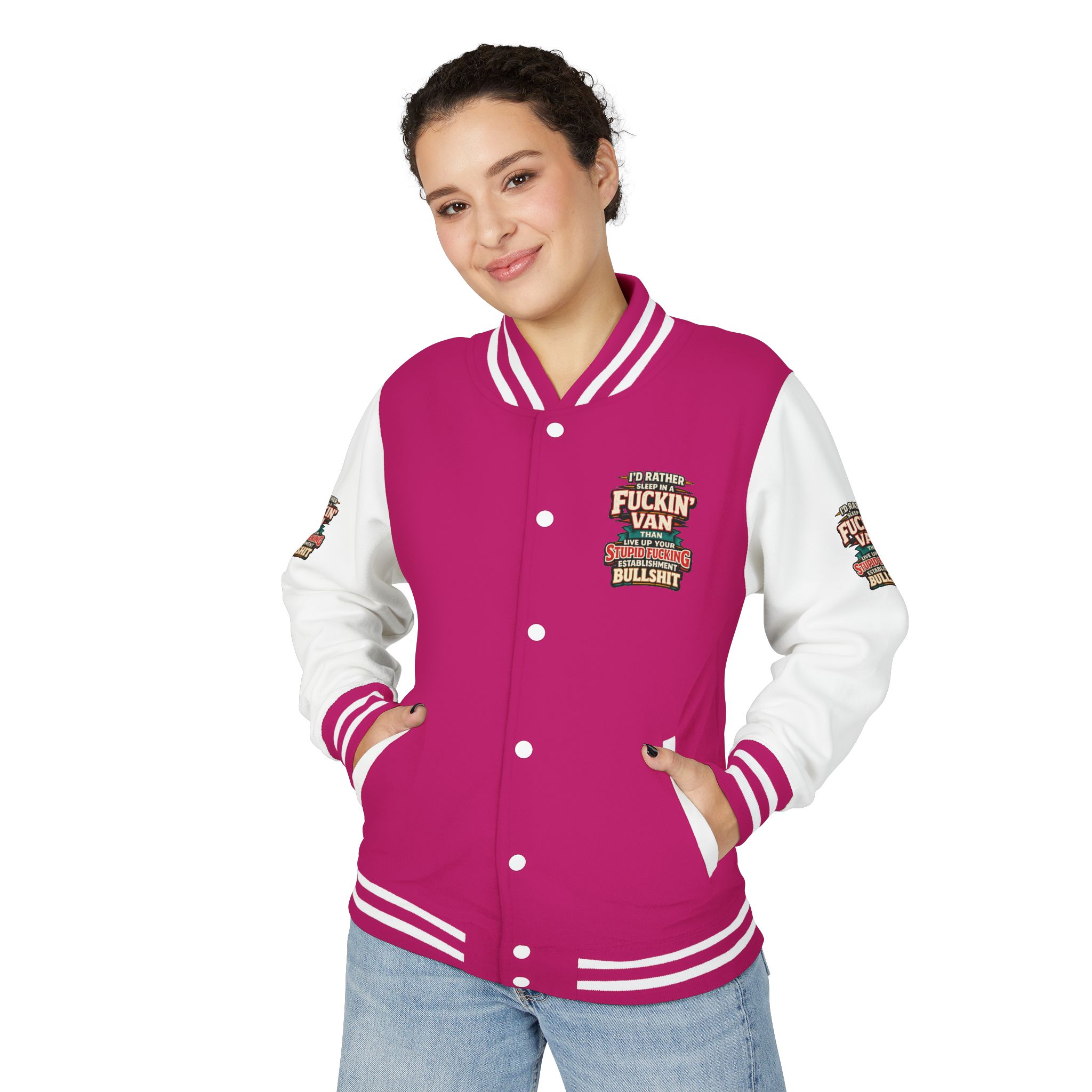 Unisex Heavyweight Letterman Jacket — "I´d Rather Sleep in A Fucking Van" Design F**K-Line