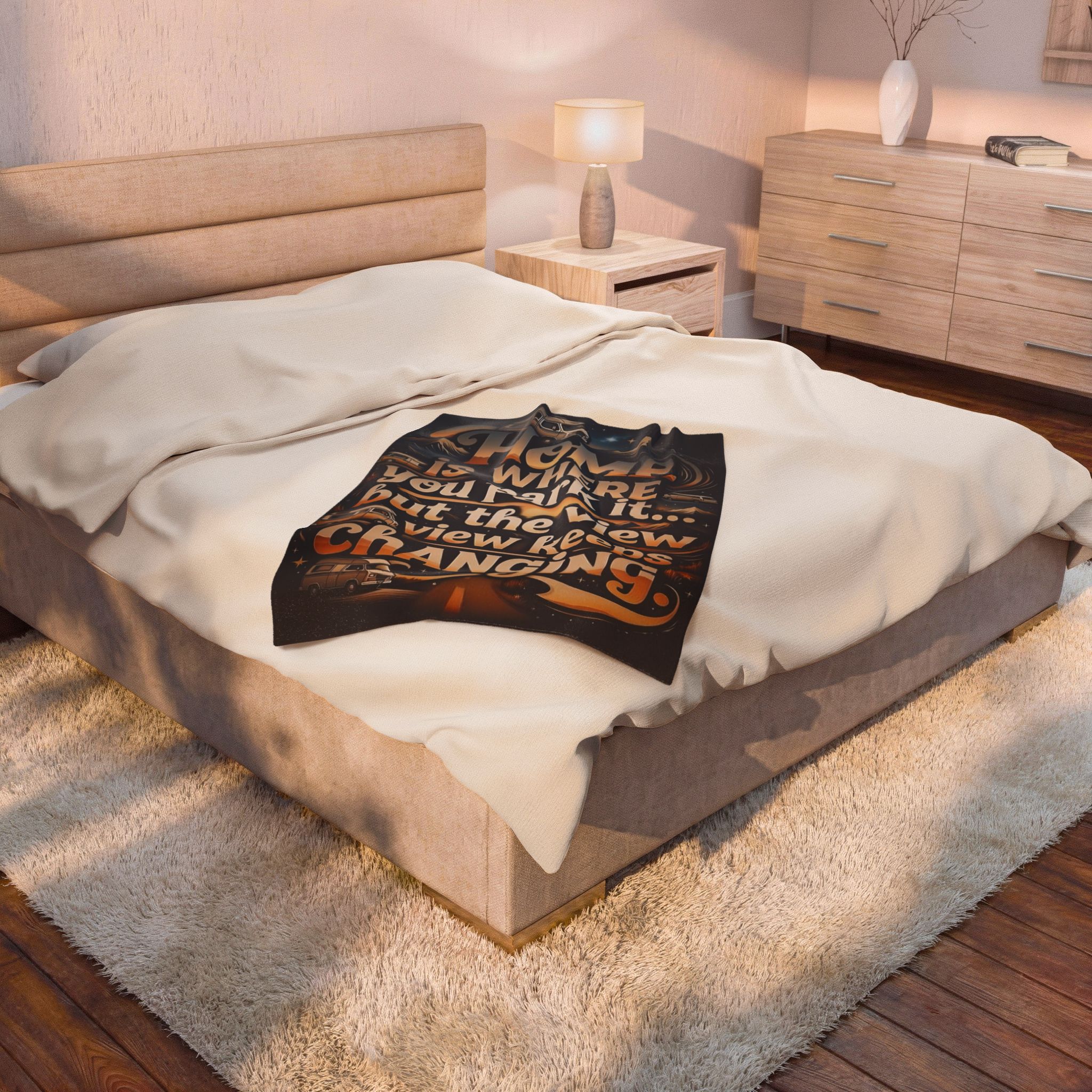 Velveteen Blanket —"Home Is Where You Park It -But The View keep Changing" Camper Throw ( 3 sizes Available)