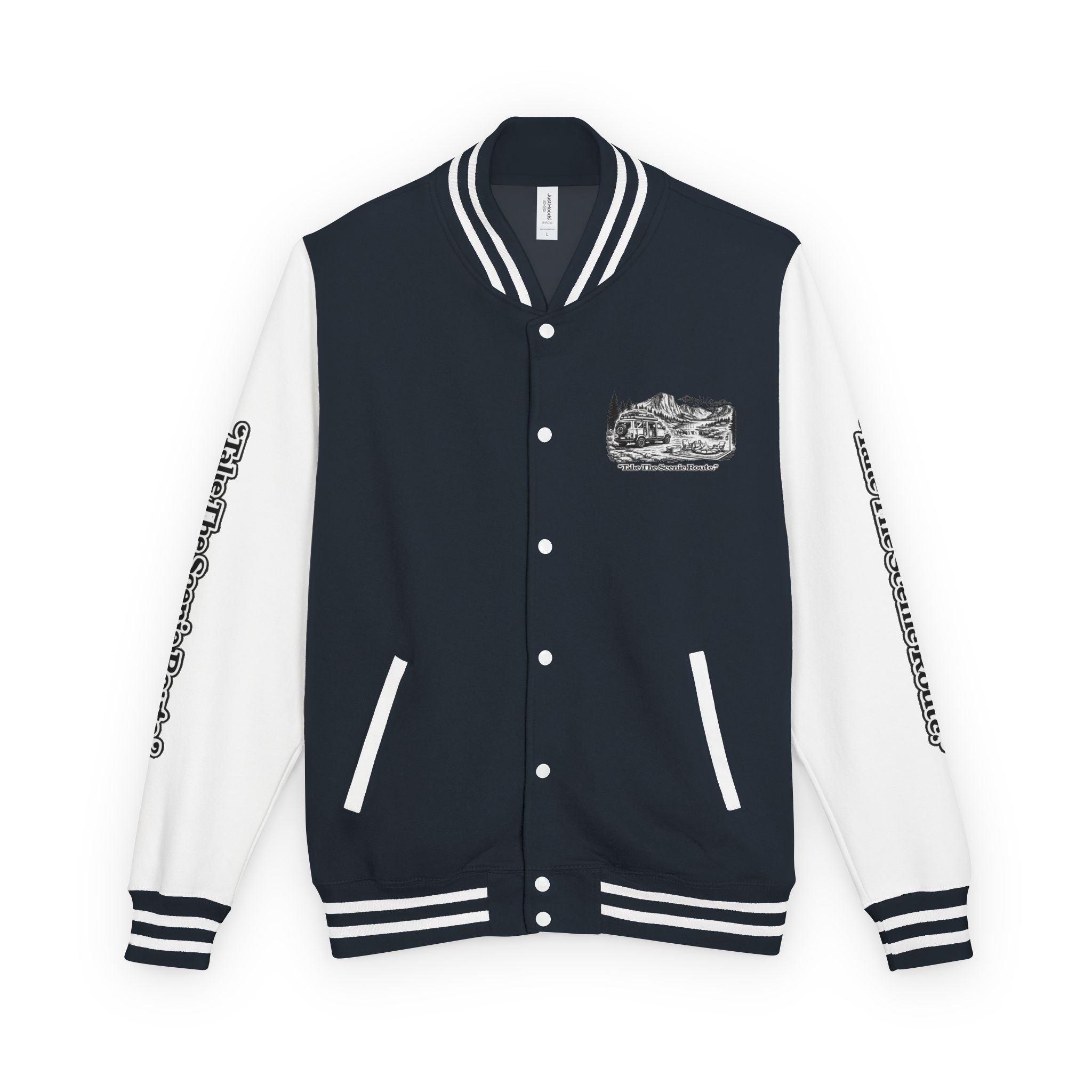 Unisex Heavyweight Letterman Jacket — "Take The Scenic Route" Travel Varsity Coat