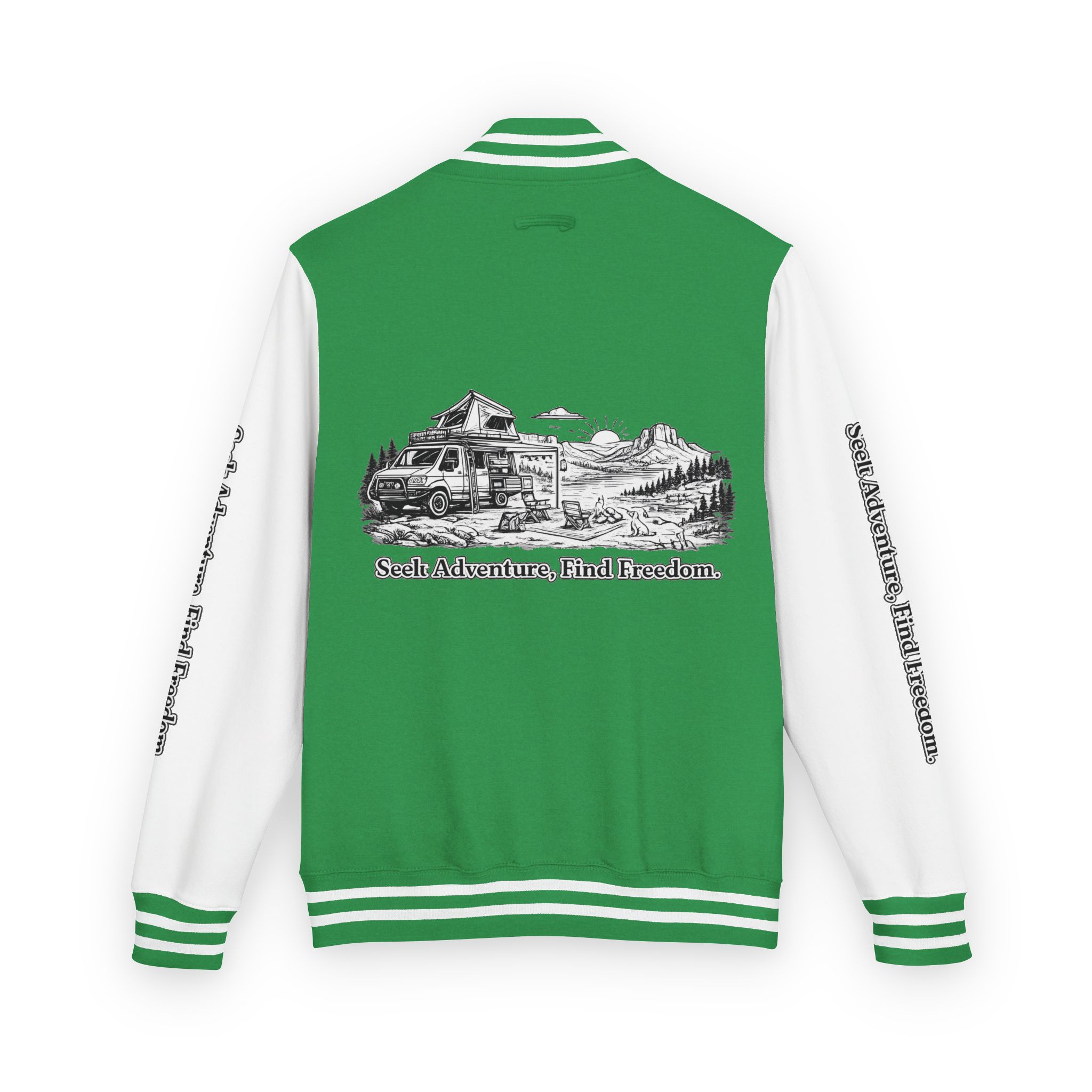 Unisex Heavyweight Letterman Jacket — "Seek Adventure, Find Freedom" Travel Varsity Coat