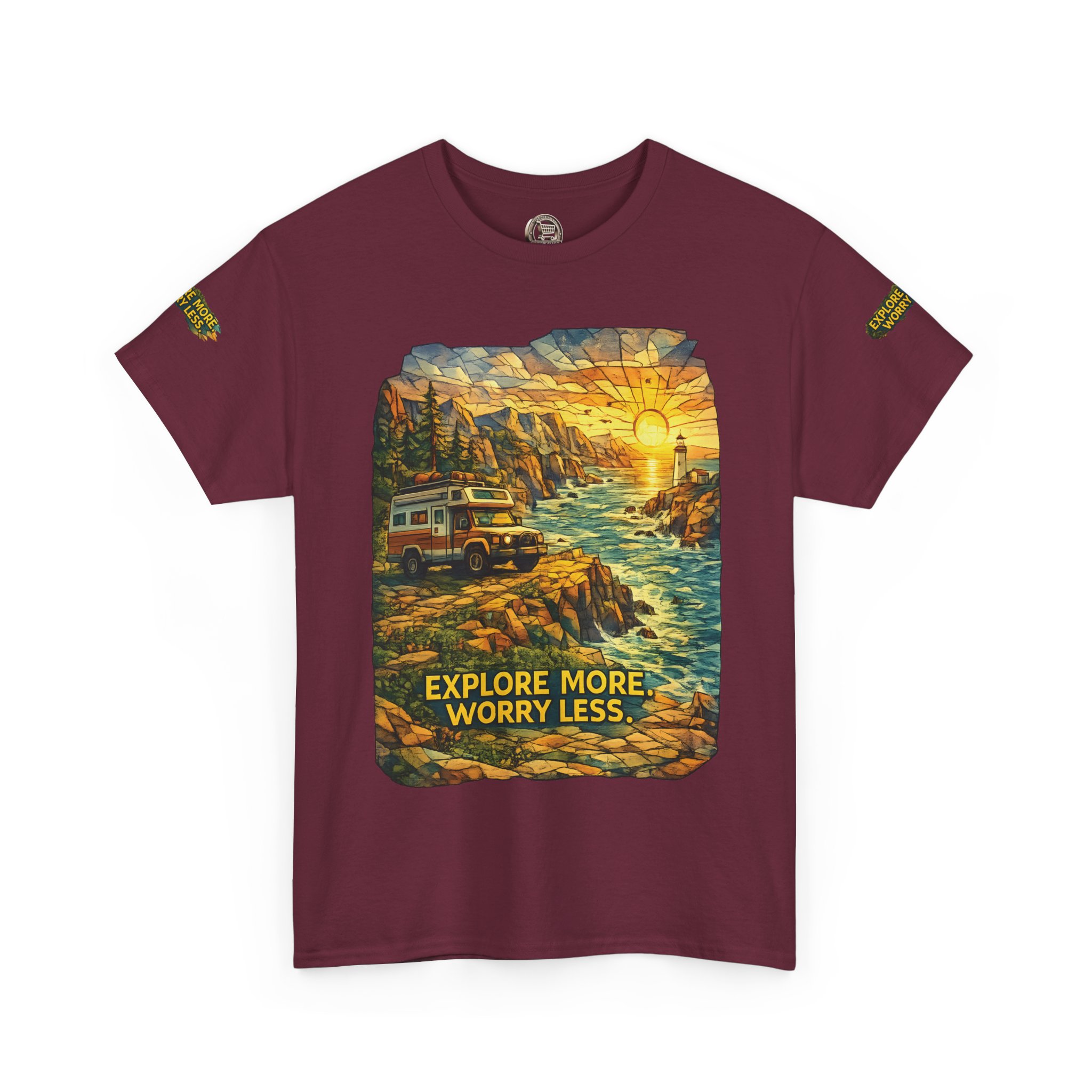Unisex Heavy Cotton Tee — "Explore More Worry Less" Design Cubic-Line