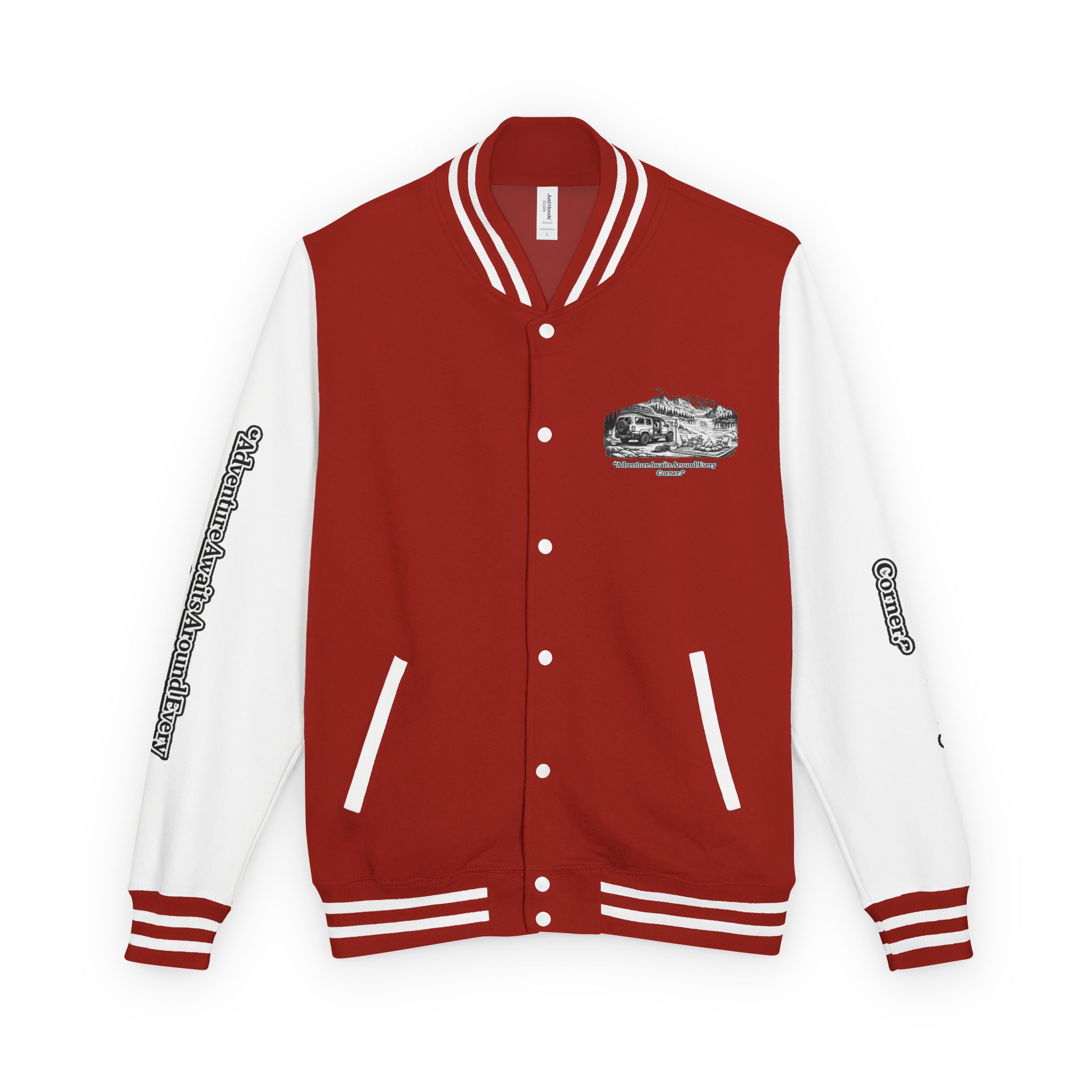 Unisex Heavyweight Letterman Jacket — "Adventure Awaits Around Every Corner" Travel Varsity Coat