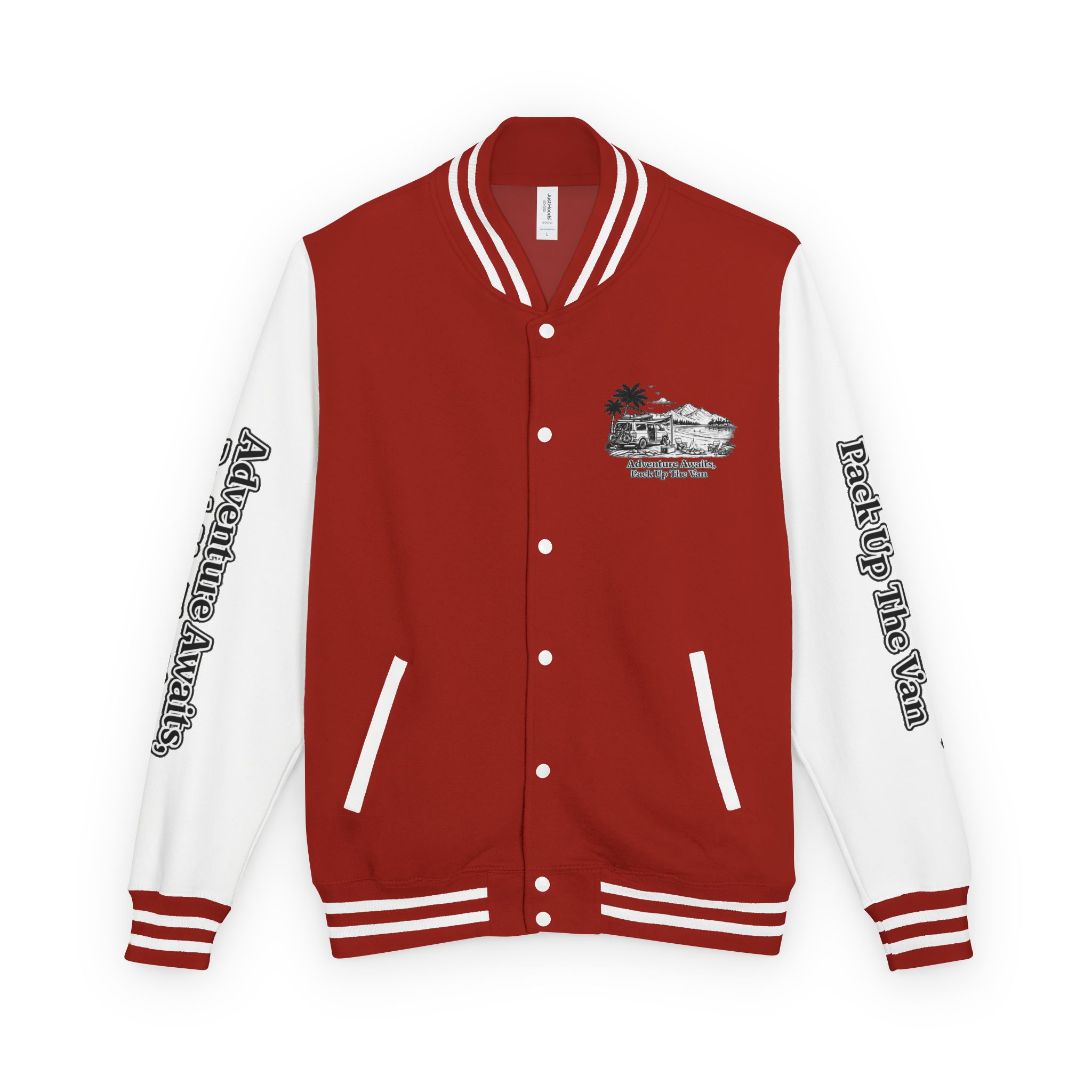 Unisex Heavyweight Letterman Jacket — "Adventure Awaits,Pack Up The Van" Travel Varsity Coat