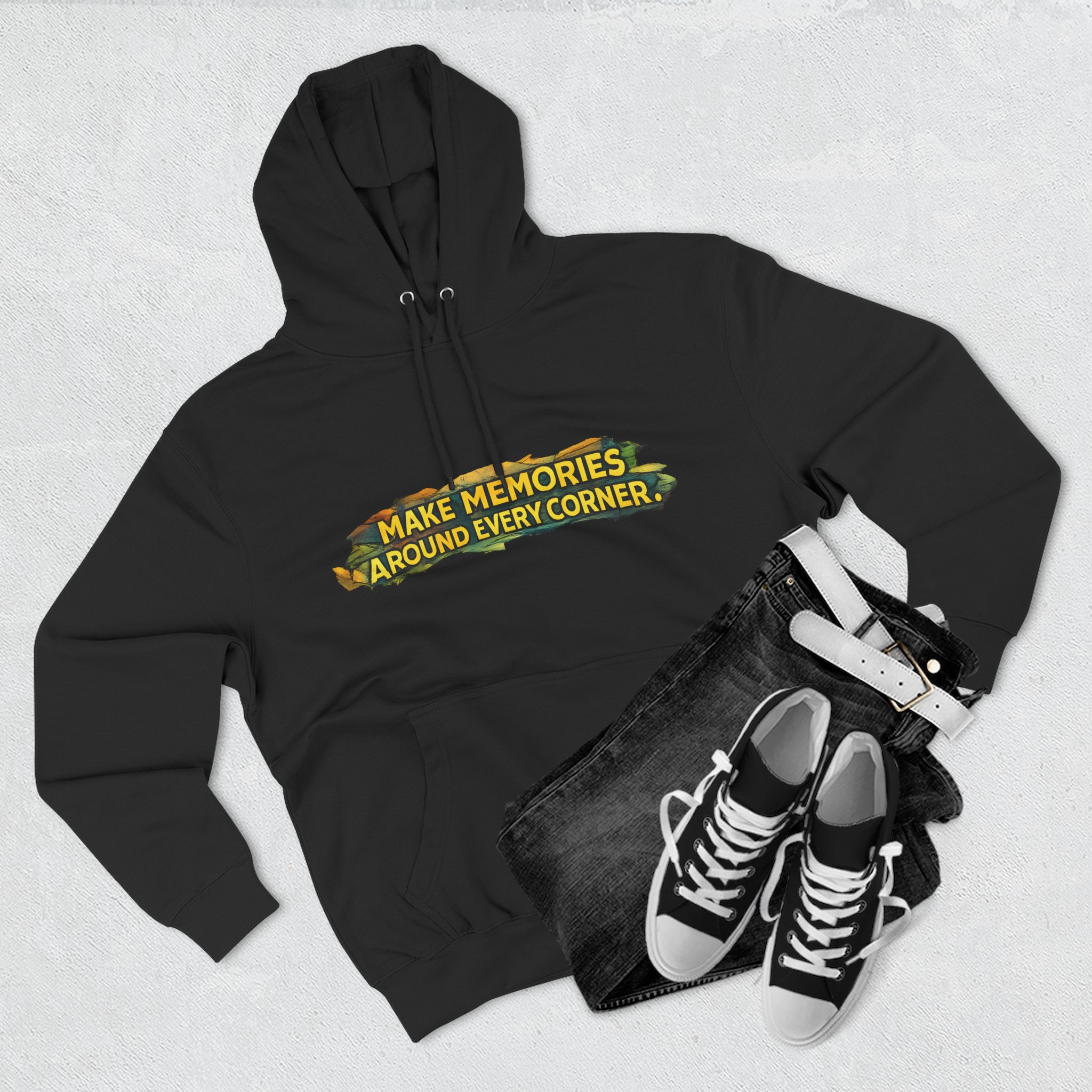 Three-Panel Fleece Hoodie - "Make Memories Around Every Corner" Design Cubic-Line