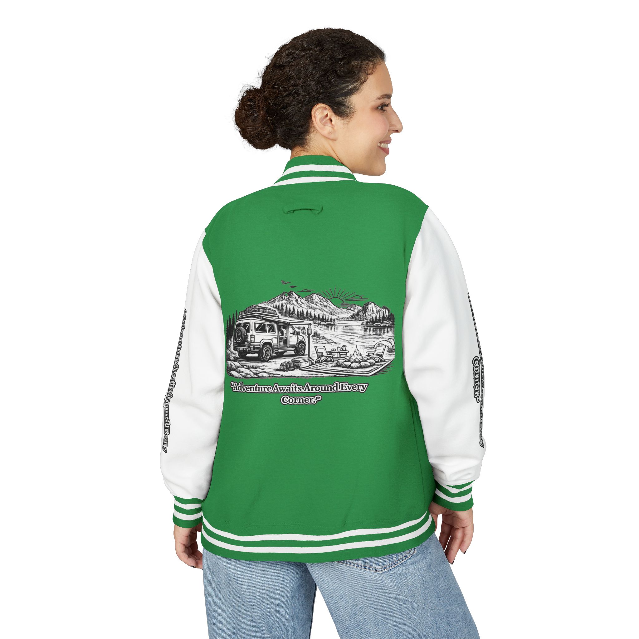 Unisex Heavyweight Letterman Jacket — "Adventure Awaits Around Every Corner" Travel Varsity Coat