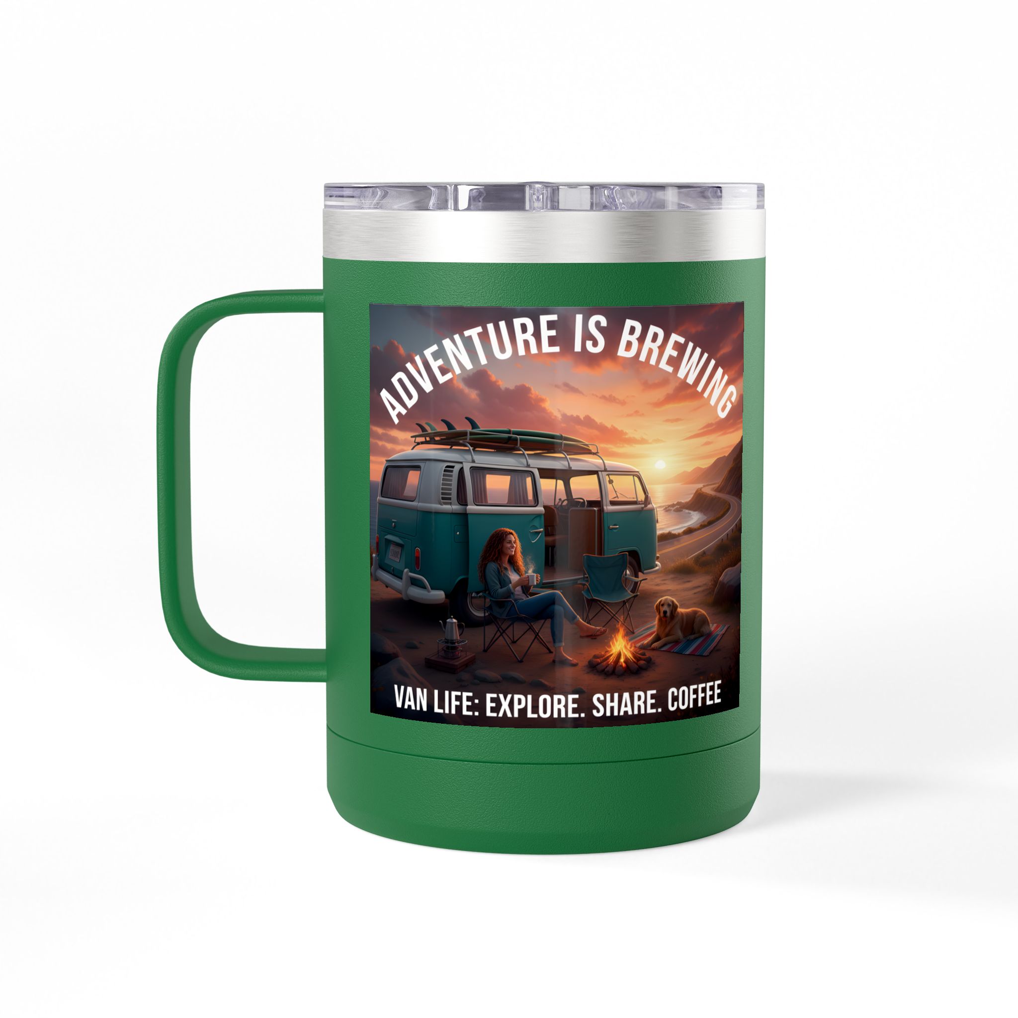 Coffee Mug Tumbler, 15oz-- "Adventure Is Brewing"