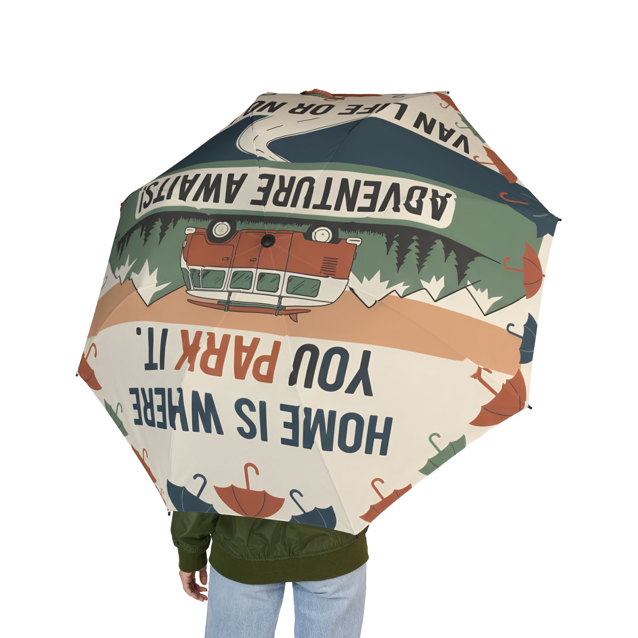 Semi-Automatic Foldable Umbrella — "Home Is Where You Park It-Adventure Awaits" Vintage Adventure Print