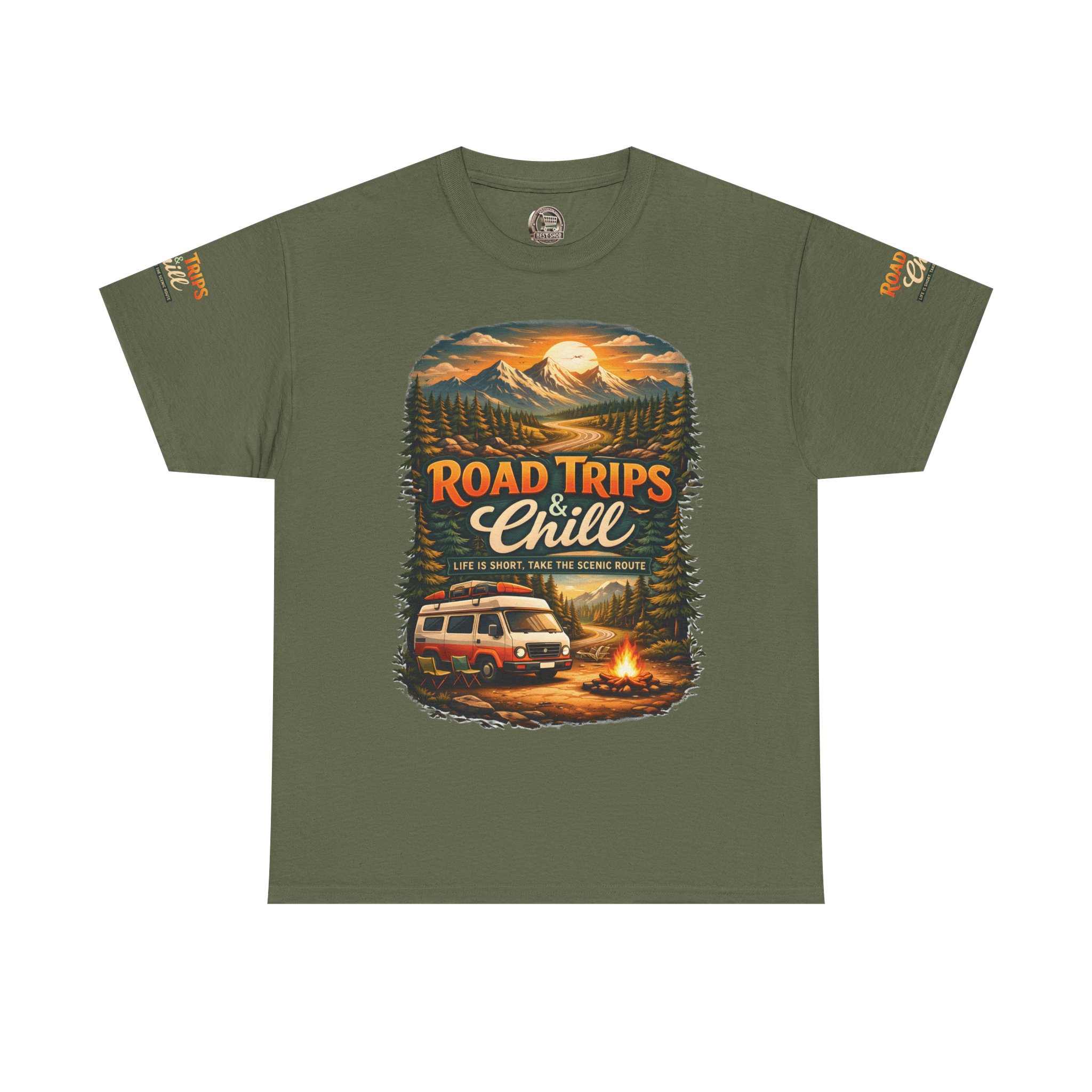 Unisex Heavy Cotton Tee — "Road Trips & Chill" Design Scenic-Line