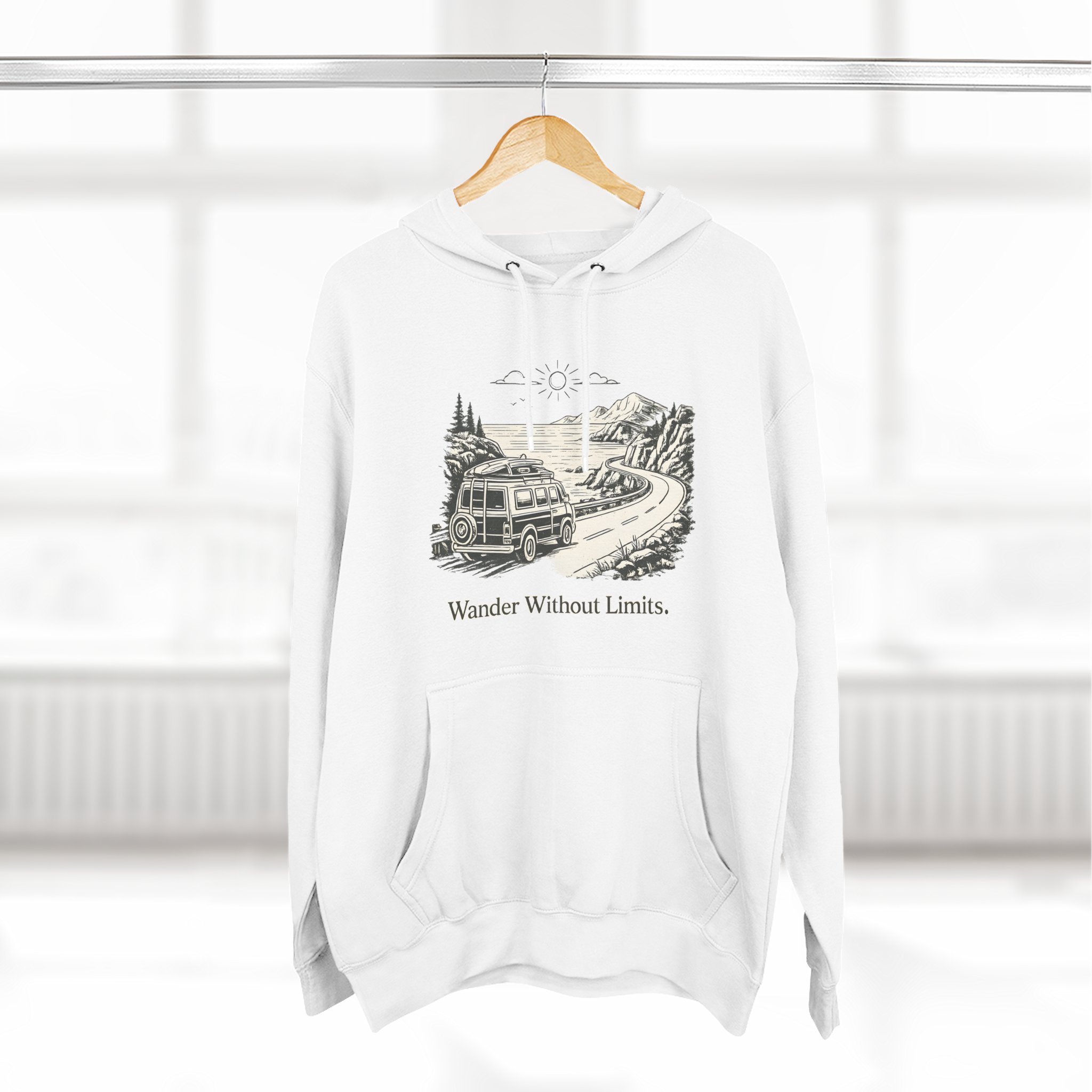 Three-Panel Fleece Hoodie - "Wander Without Limits" Design Minimal-Line