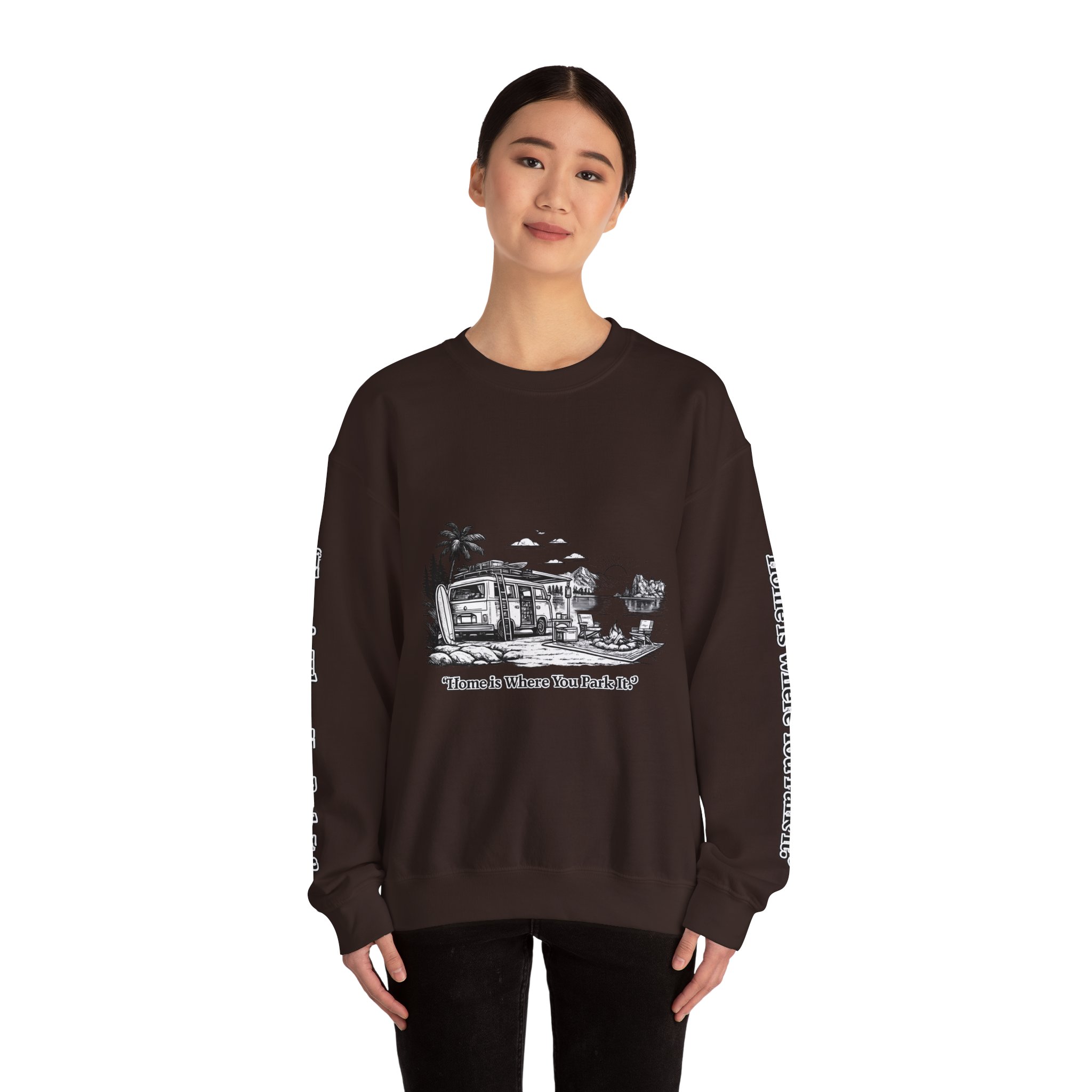 Unisex Heavy Blend™ Crewneck Sweatshirt — "Home Is Where You Park It" Design Minimal-Line
