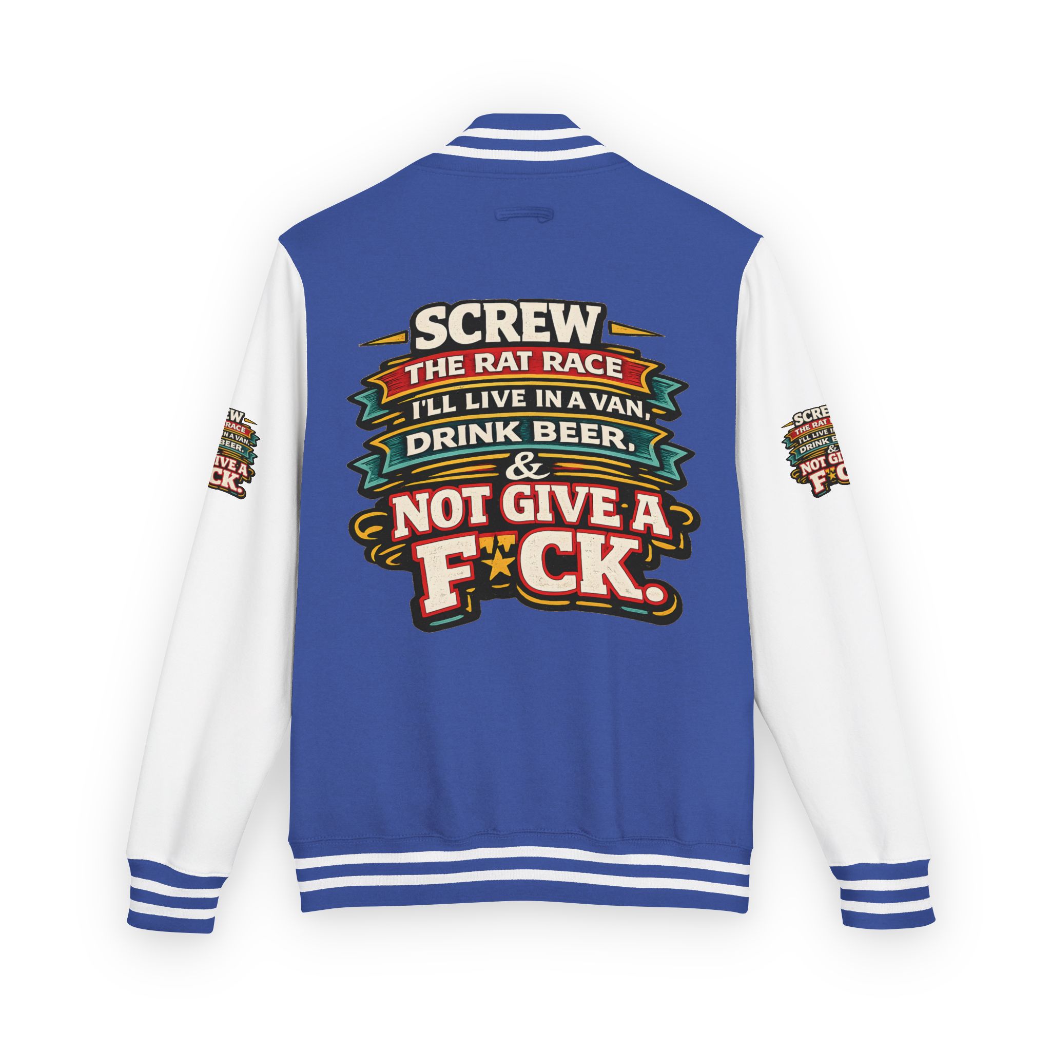 Unisex Heavyweight Letterman Jacket — "Screw The Rat Race" Design F**K-Line
