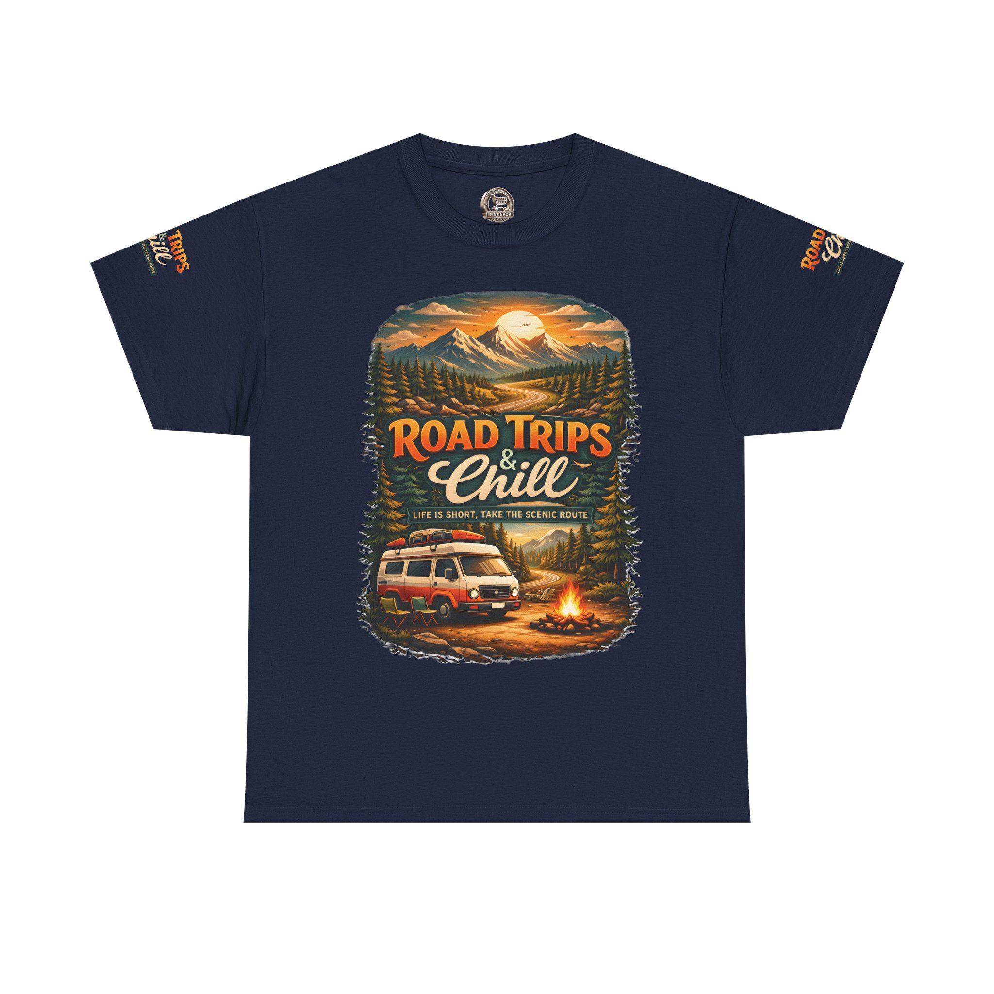 Unisex Heavy Cotton Tee — "Road Trips & Chill" Design Scenic-Line
