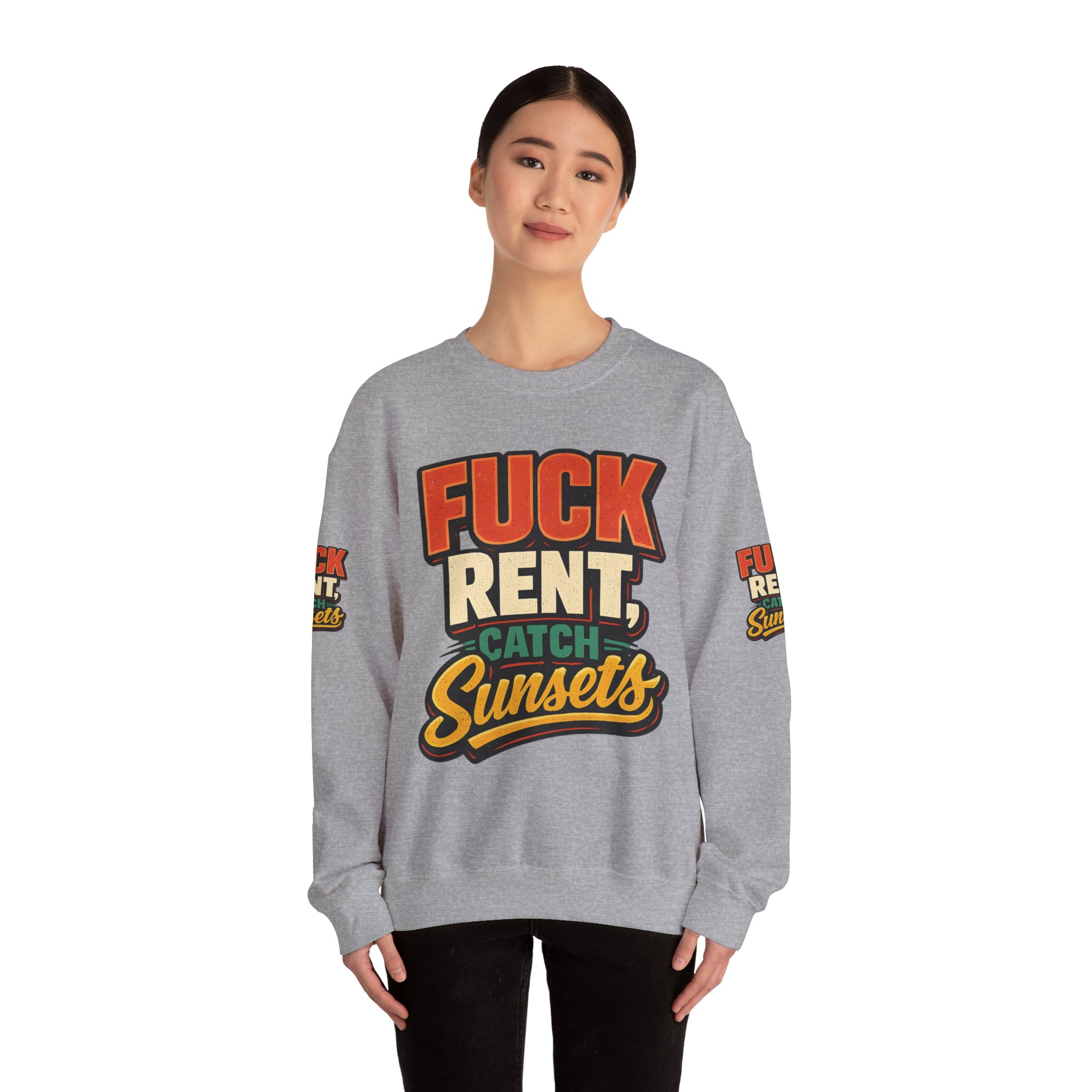 11574347406091507497_2048.jpeg Unisex Heavy Blend™ Crewneck Sweatshirt — "Fuck Rent Catch Sunsets" Design F**K-Line
