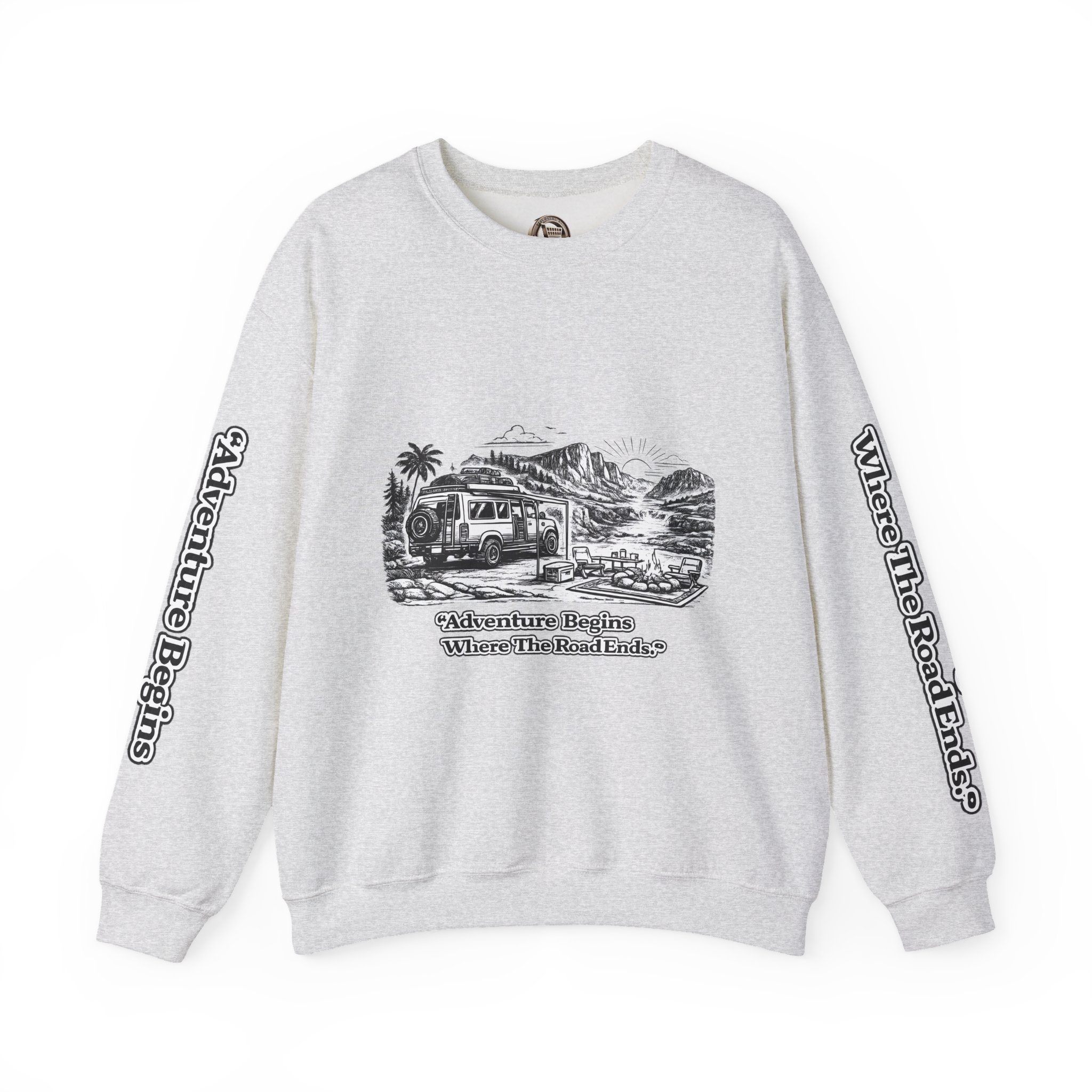 11574508819530603003_2048.jpeg Unisex Heavy Blend™ Crewneck Sweatshirt — "Adventure Begins Where The Road Ends" Design Minimal-Line