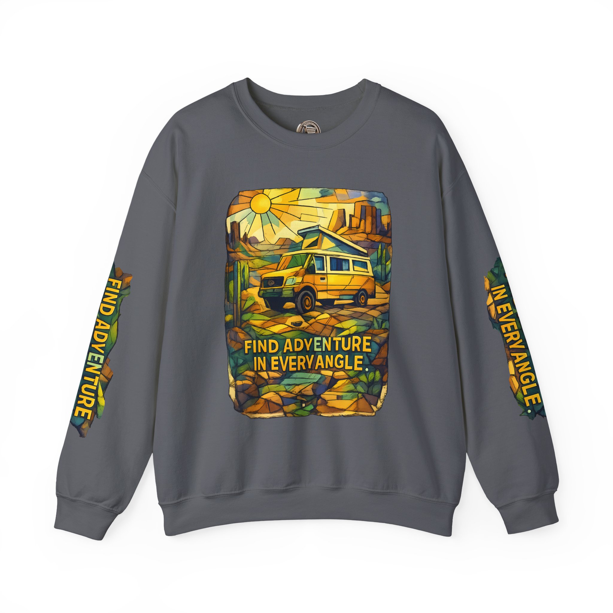 Unisex Heavy Blend™ Crewneck Sweatshirt — "Find Adventure In Every Corner" Design Cubic-Line