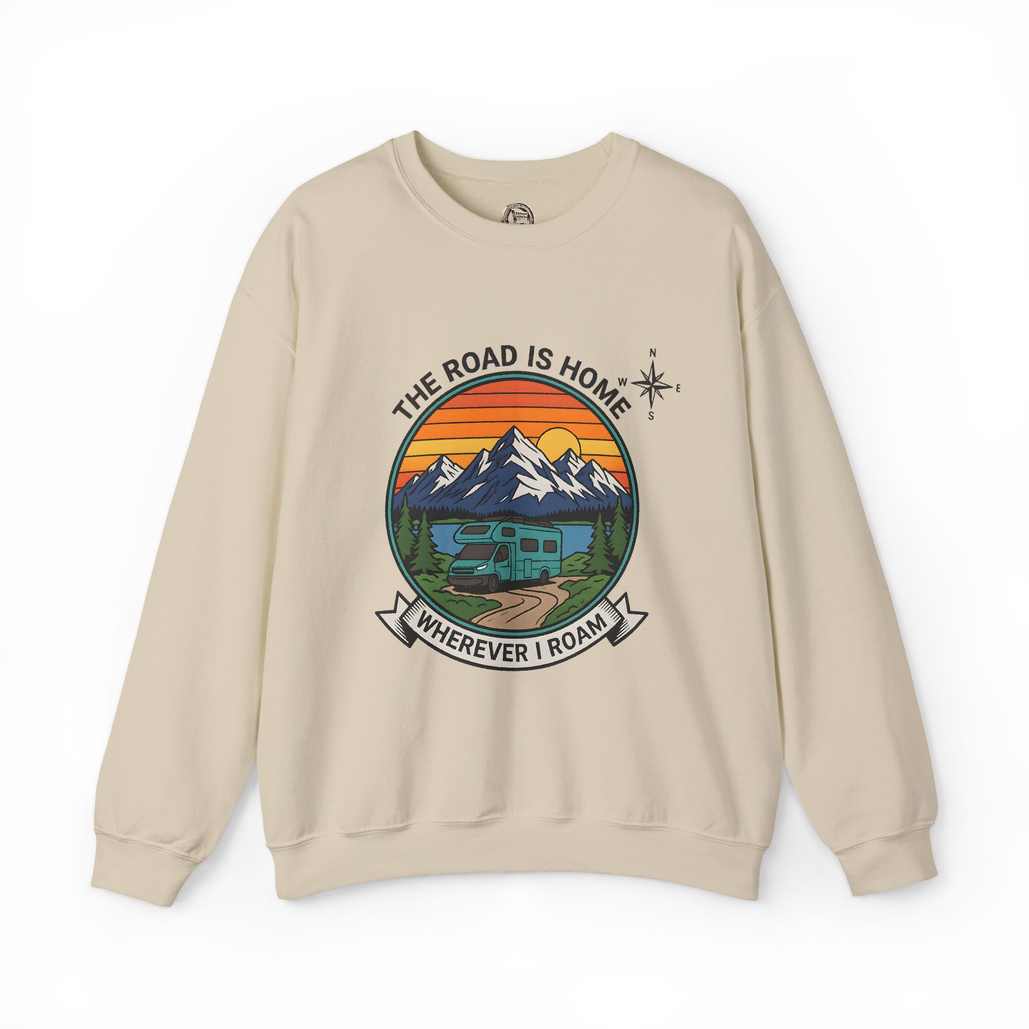 Crewneck Sweatshirt — "The Road Is Home" RV Camper Mountain Adventure