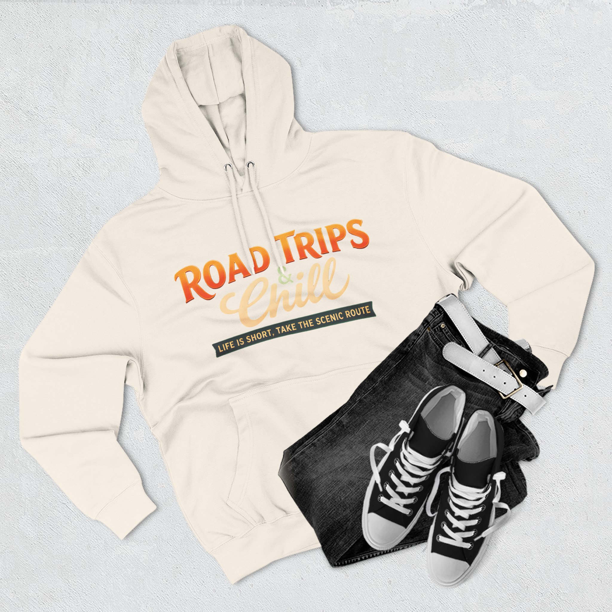 Three-Panel Fleece Hoodie - "Road Trips & Chill" Design Scenic-Line