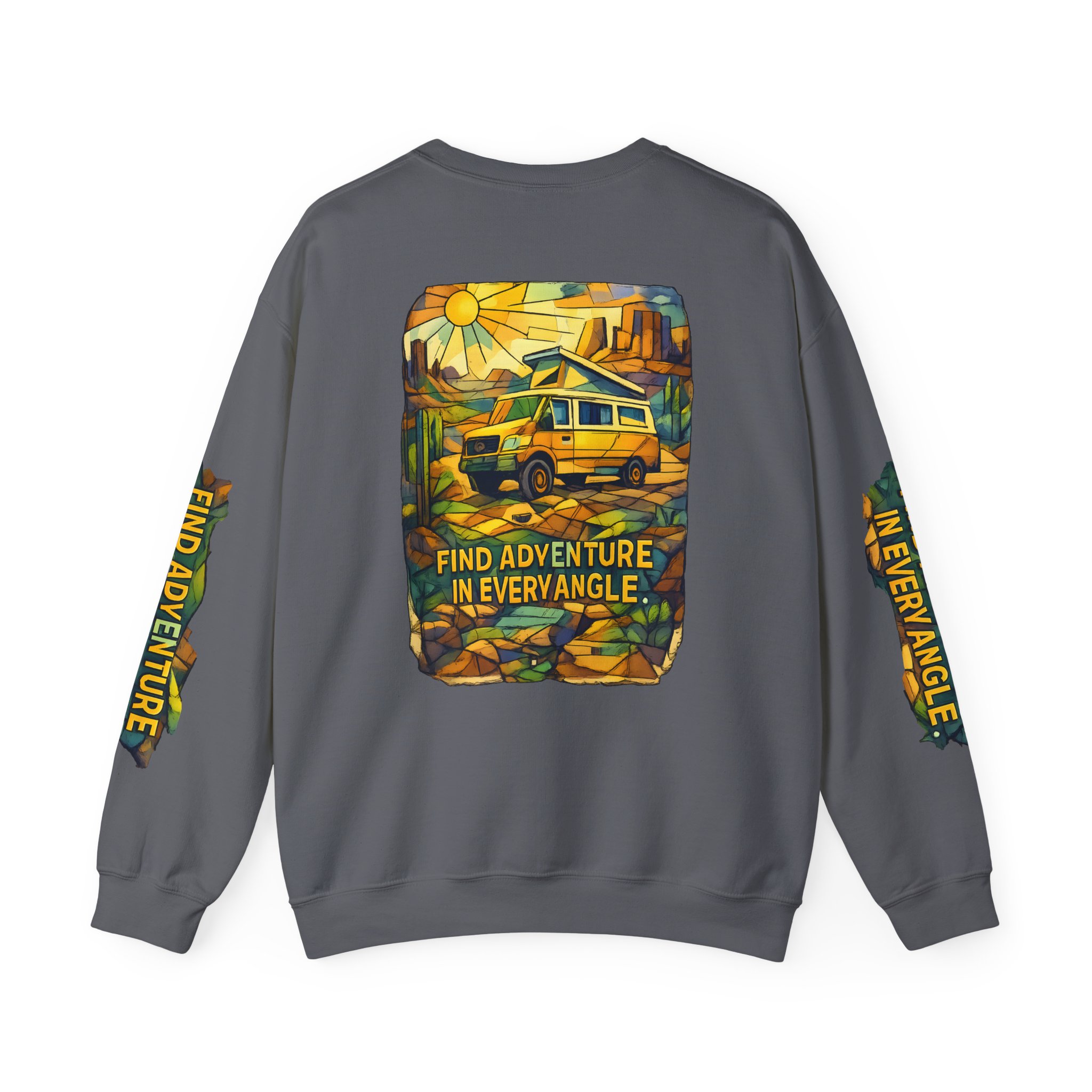 Unisex Heavy Blend™ Crewneck Sweatshirt — "Find Adventure In Every Corner" Design Cubic-Line