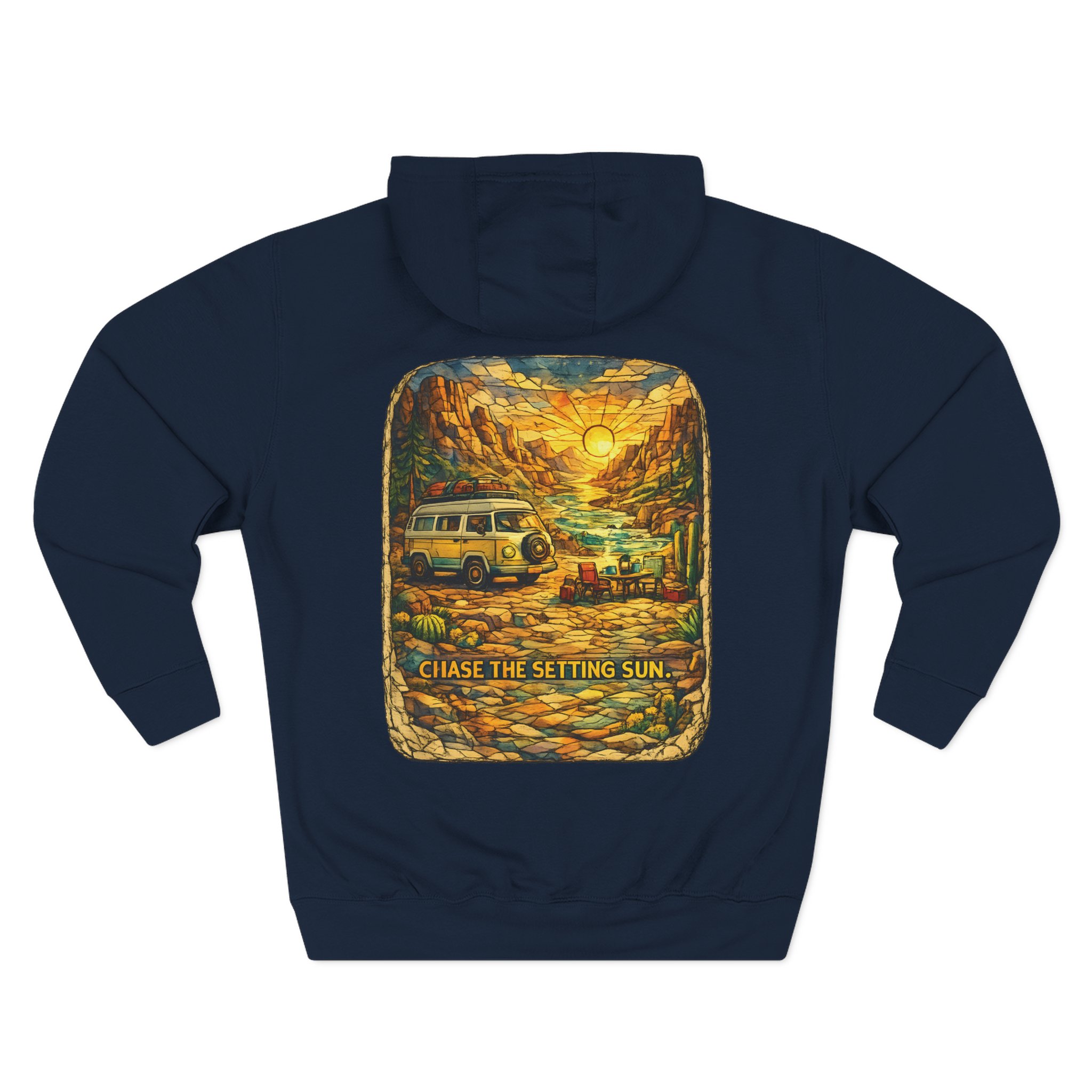 Three-Panel Fleece Hoodie - "Chase The Settings Sun" Design Cubic-Line