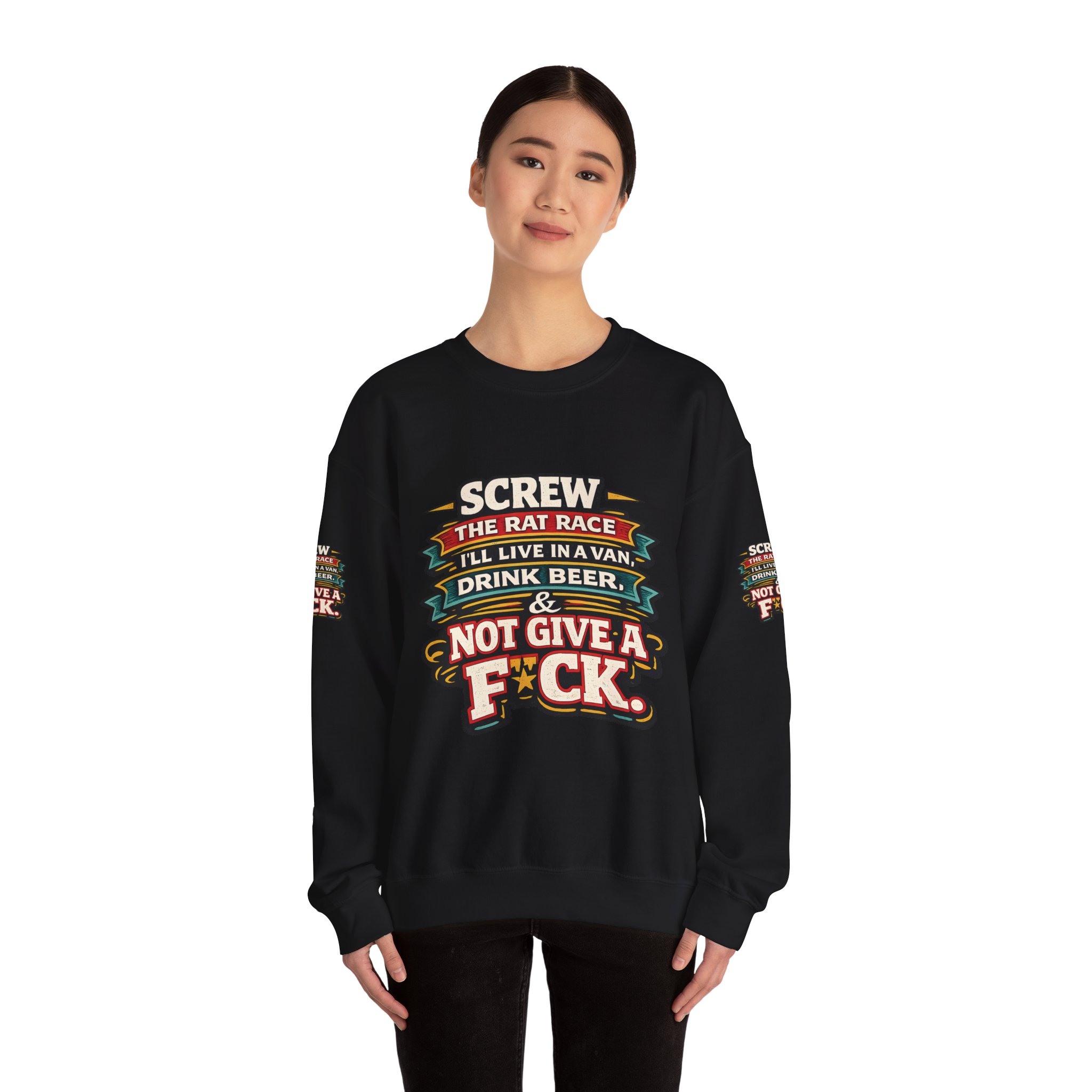 Unisex Heavy Blend™ Crewneck Sweatshirt — "Screw The Rat Race" Design F**K-Line