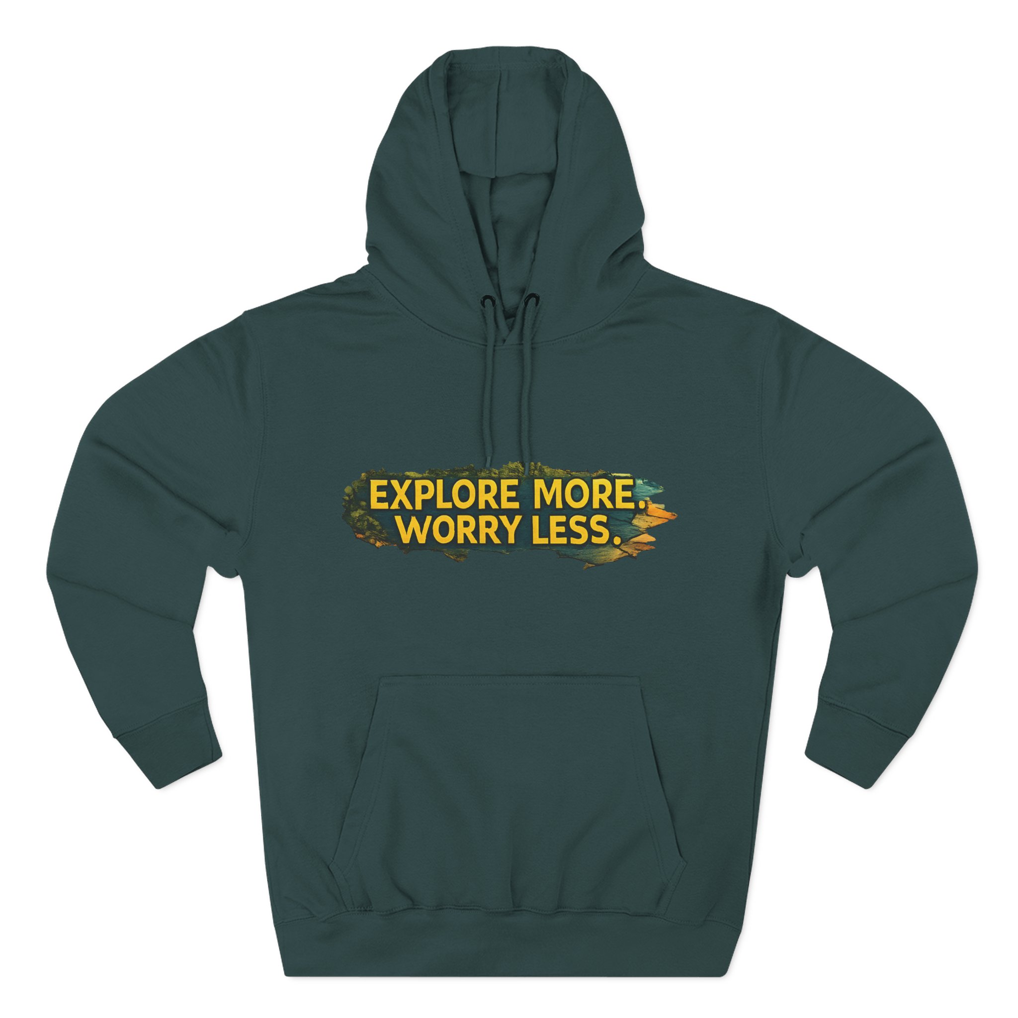 11623601695501002519_2048.jpeg Three-Panel Fleece Hoodie - "Explore More Worry Less" Design Cubic-Line