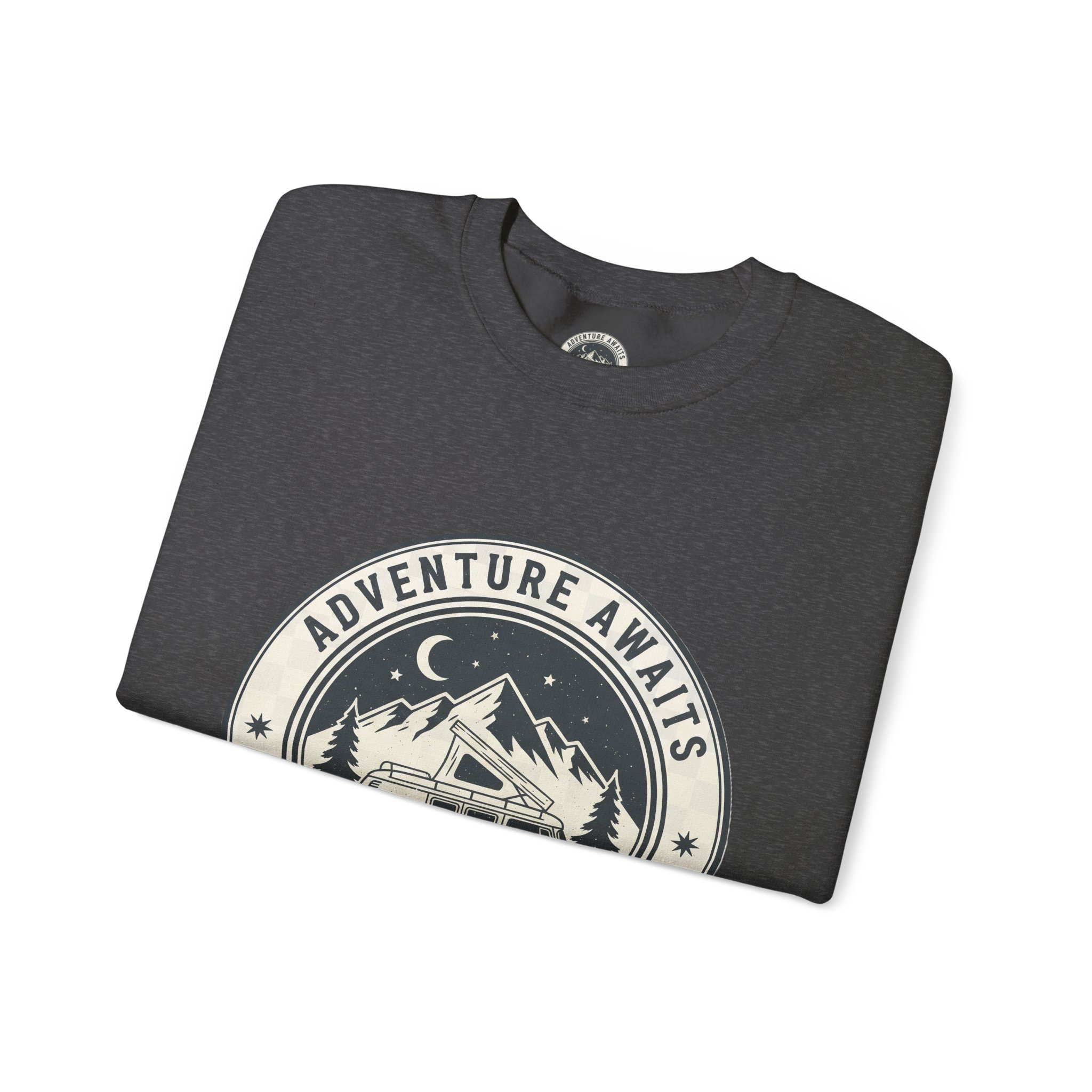 11626446694543121115_2048.jpeg Crewneck Sweatshirt — "Adventure Awaits-Go Where You Feel Most Alive" (Only Font printed) Vintage Camper Van Outdoor Graphic