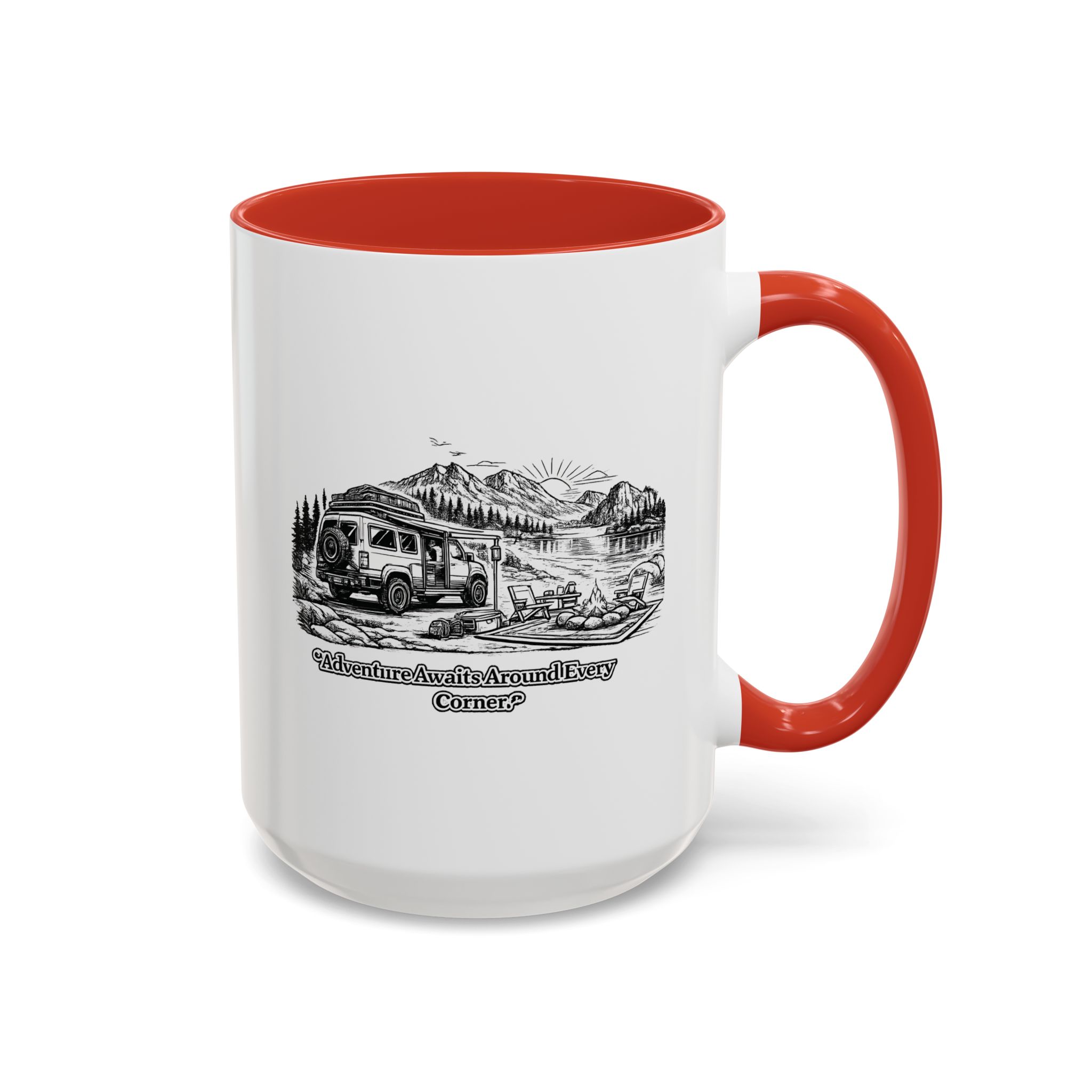 Accent Coffee Mug (11, 15oz) — "Adventure Awaits Around Every Corner" Design Minimal-Line