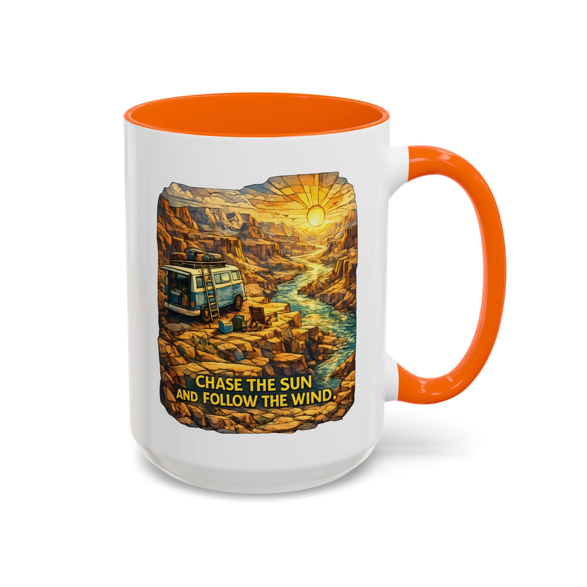 Accent Coffee Mug (11, 15oz) — "Chase The Sun And Follow The Wind" Design Cubic-Line