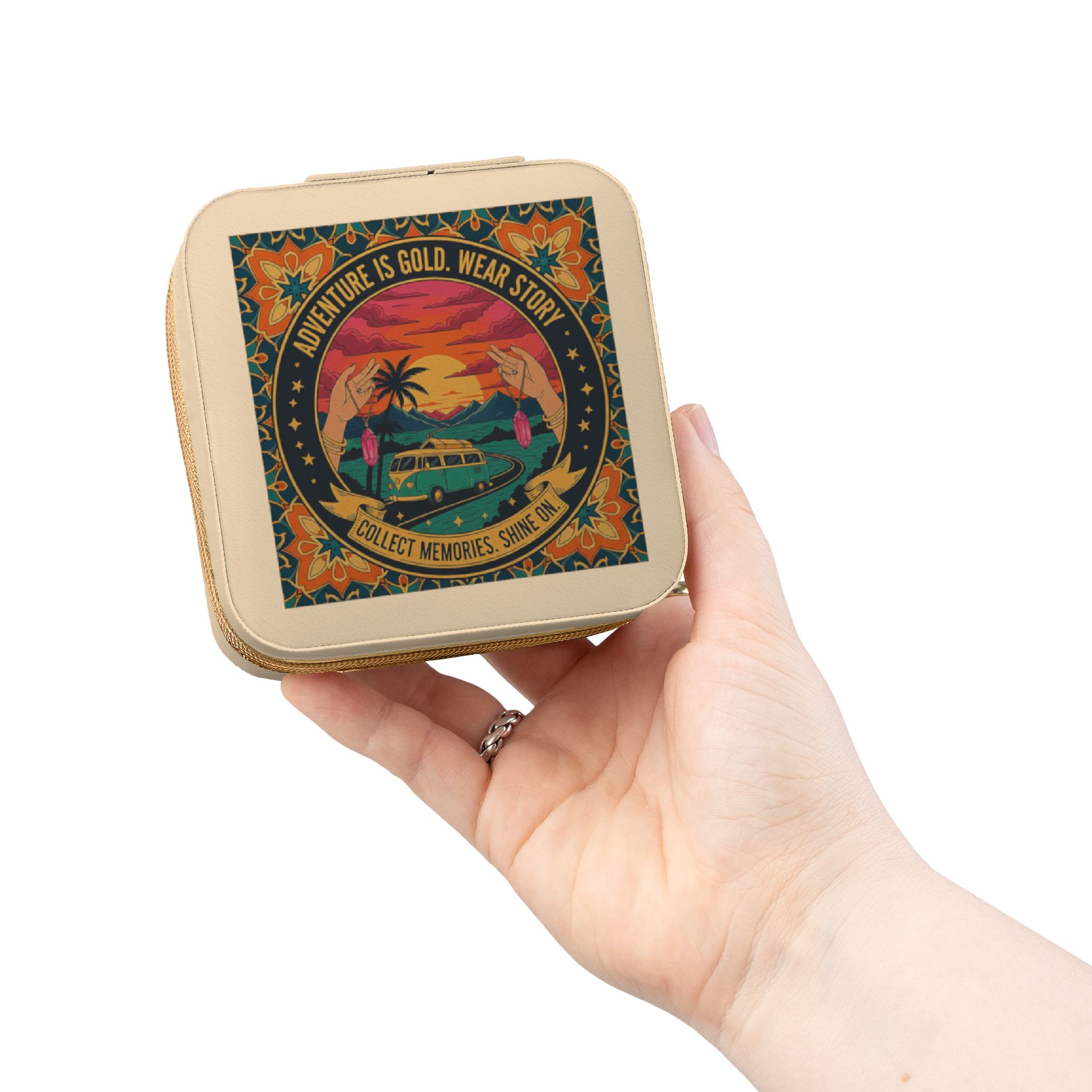 Retro Sunset Jewelry Travel Case — Compact Organizer for Rings, Earrings & Necklaces