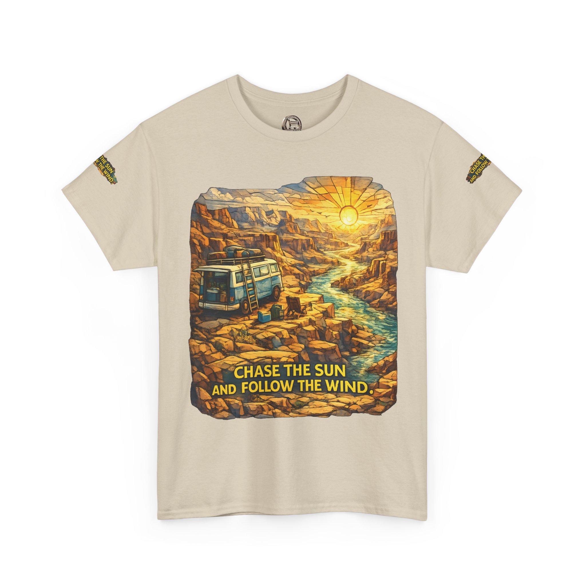 1163238028255861952_2048.jpeg Unisex Heavy Cotton Tee — "Chase The Sun And Follow The Wind" Design Cubic-Line