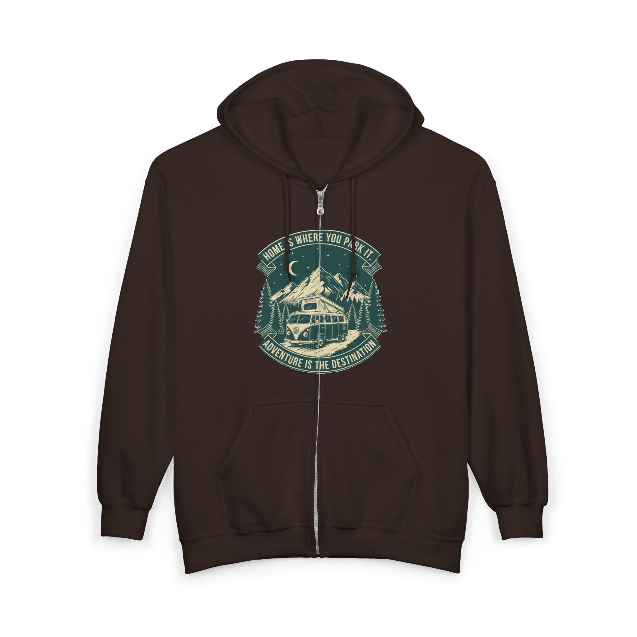 Zip Hoodie — "Home Is Where You Park It-Adventure is the destination"(Only Front Printed) Camper Van Adventure Zip-Up