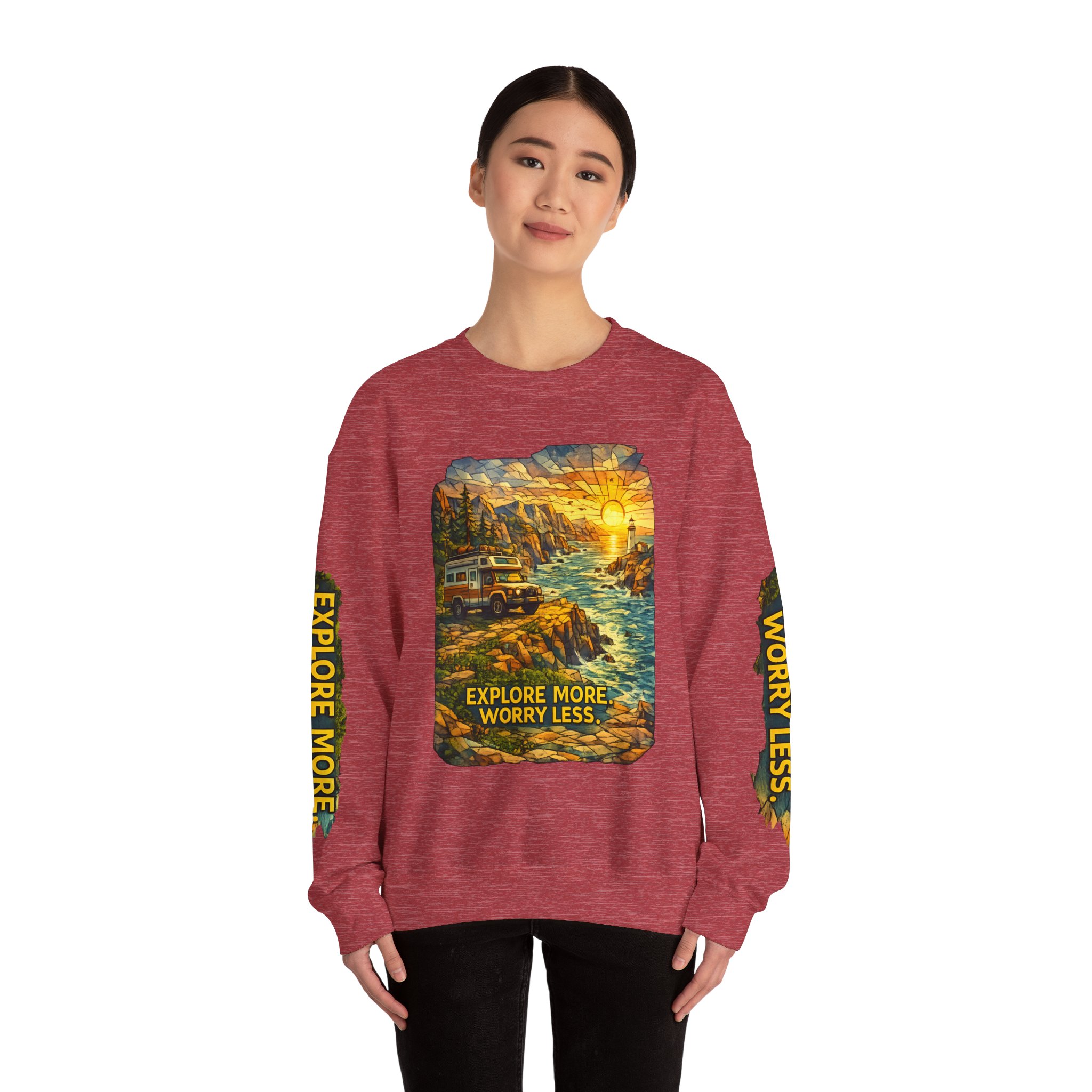 Unisex Heavy Blend™ Crewneck Sweatshirt — "Explore More Worry Less" Design Cubic-Line