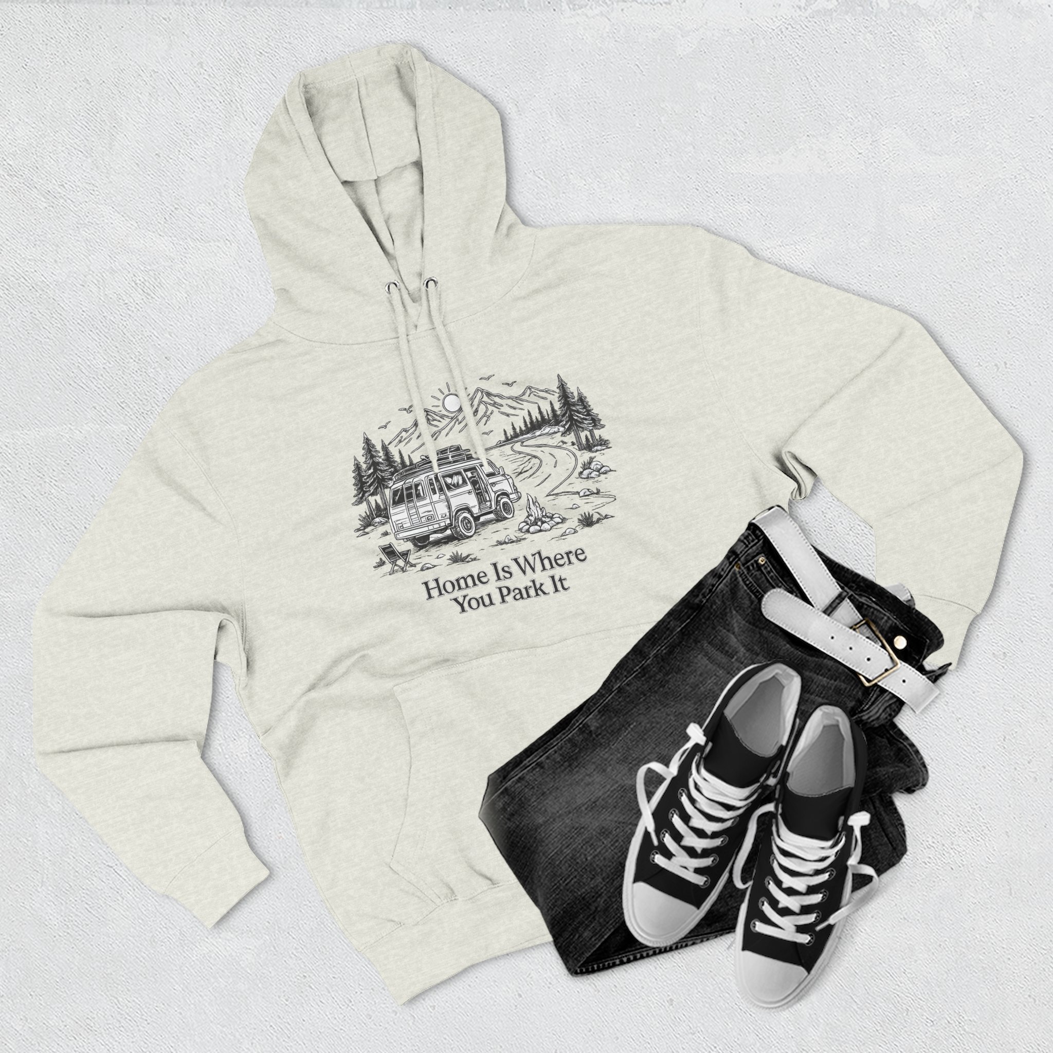 11648965738601061052_2048.jpeg Three-Panel Fleece Hoodie - "Home Is Where You Park It" Design Minimal-Line