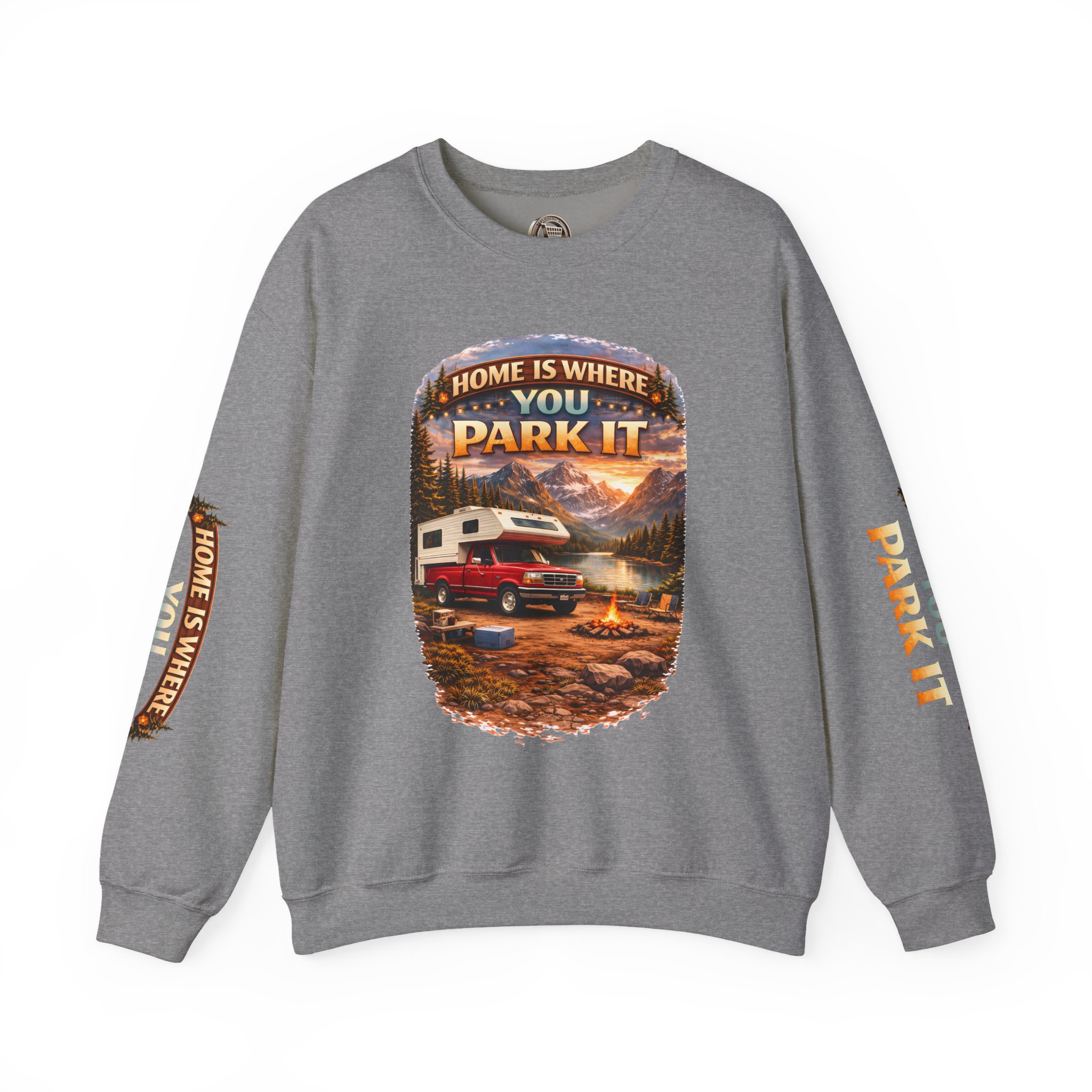 Unisex Heavy Blend™ Crewneck Sweatshirt — "Home Is Where You Park It" Design Scenic-Line