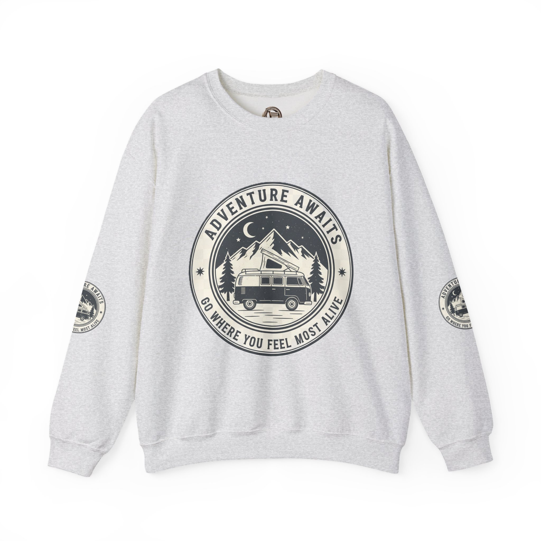 11661746921041882538_2048.jpeg Crewneck Sweatshirt — "Adventure Awaits-Go Where You Feel Most Alive" (Font + Back + Sleaves printed) Vintage Camper Van Outdoor Graphic