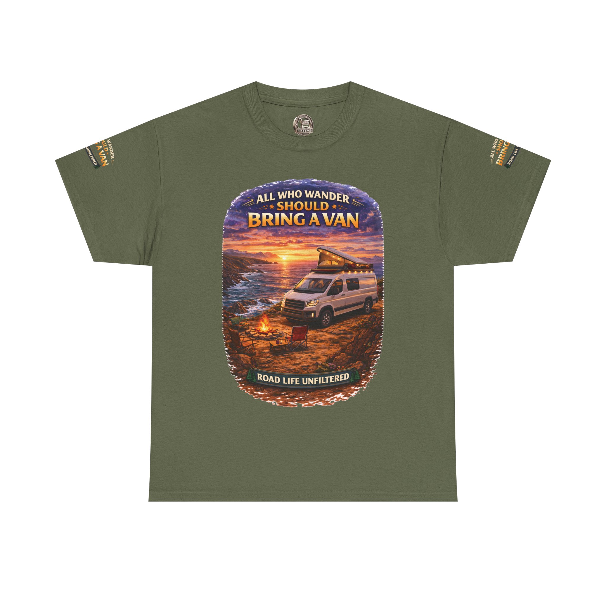 Unisex Heavy Cotton Tee — "All Who wander Should Bring A Van" Design Scenic-Line