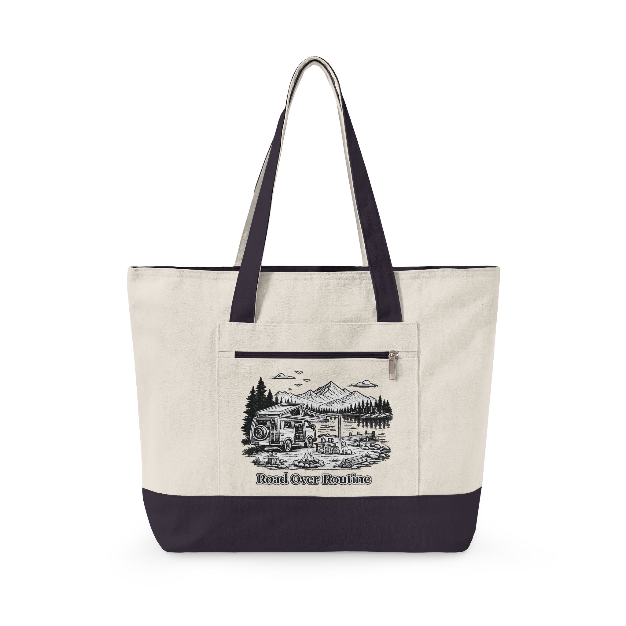 Zippered Canvas Tote — "Road Over Routine" (Design Minimal-Line)