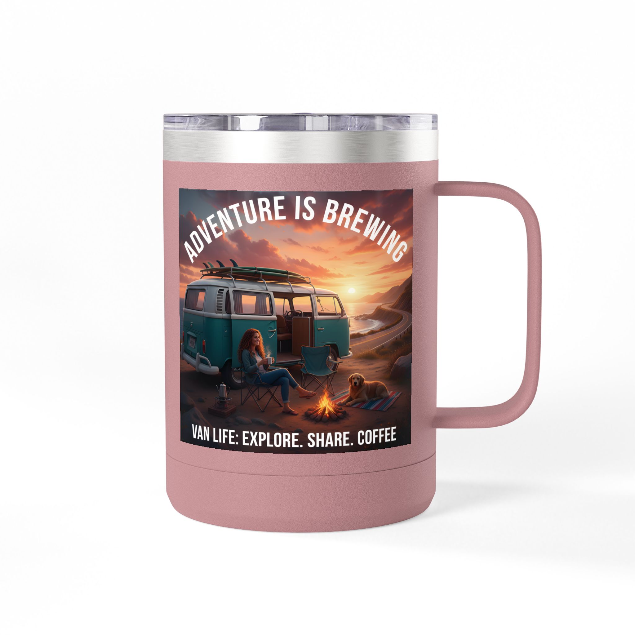 Coffee Mug Tumbler, 15oz-- "Adventure Is Brewing"