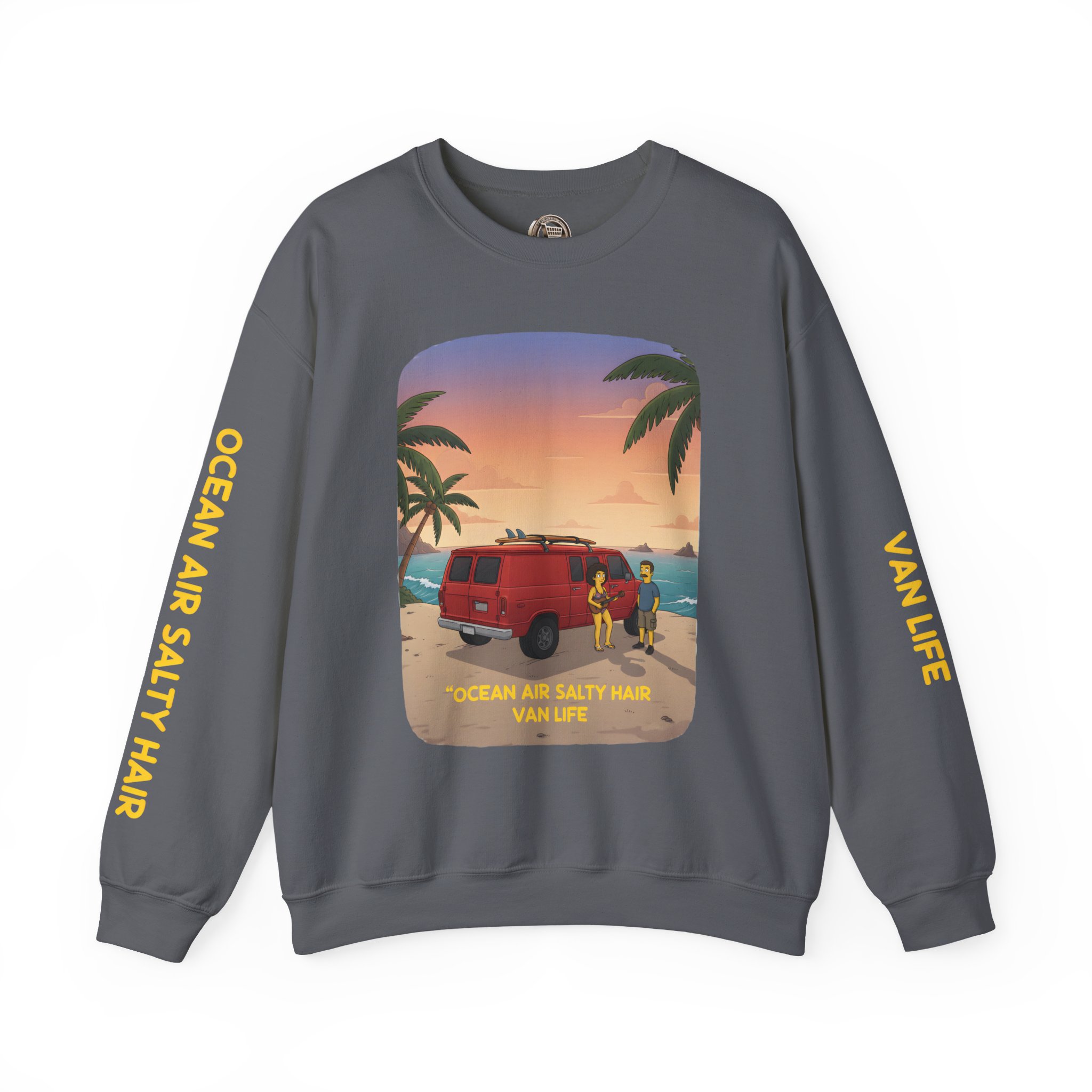 Unisex Heavy Blend™ Crewneck Sweatshirt — "Ocean Air Salty Hair Van Life" Design Sitcom-Line
