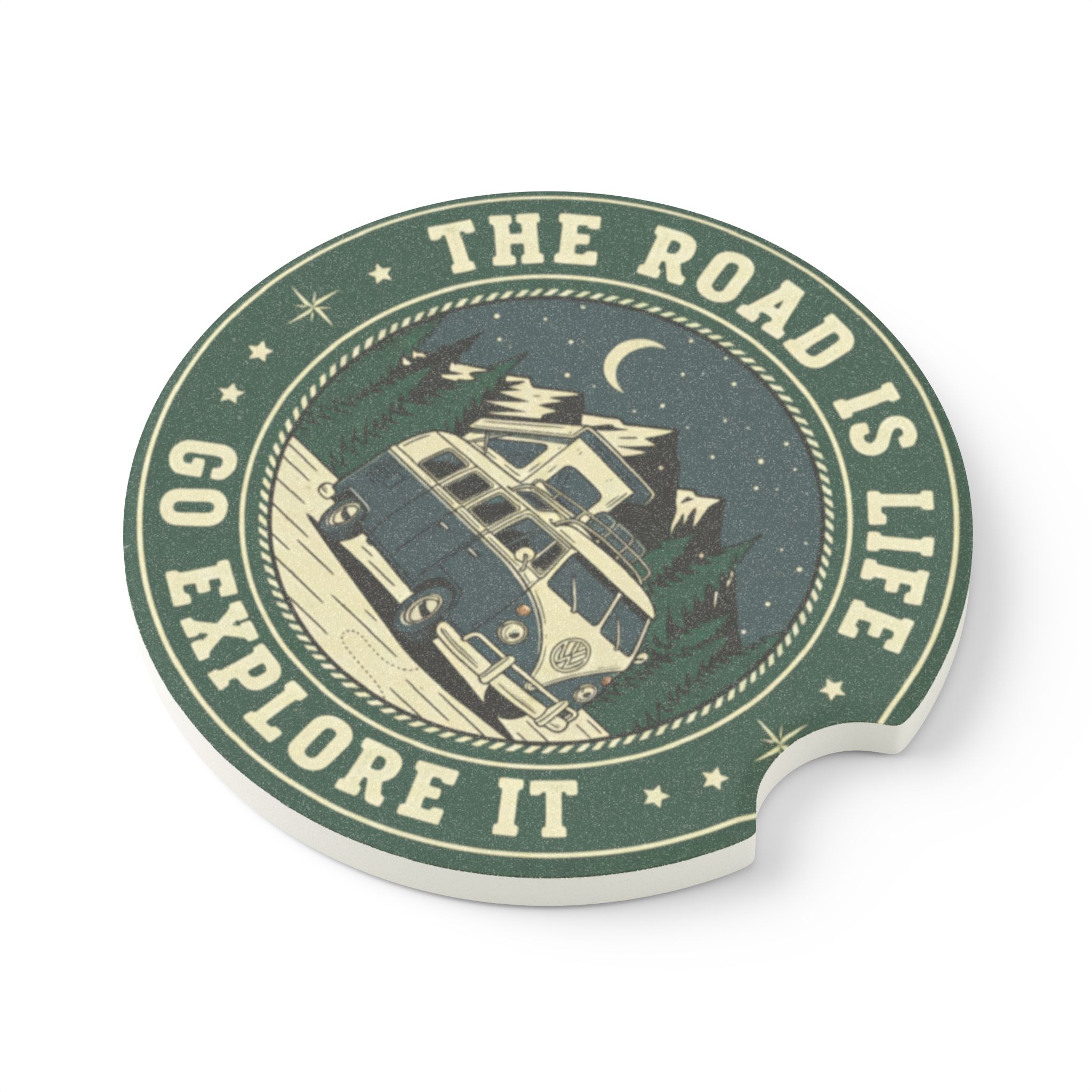 Soapstone Car Coaster - 'The Road Is Life' Vintage Camper Design