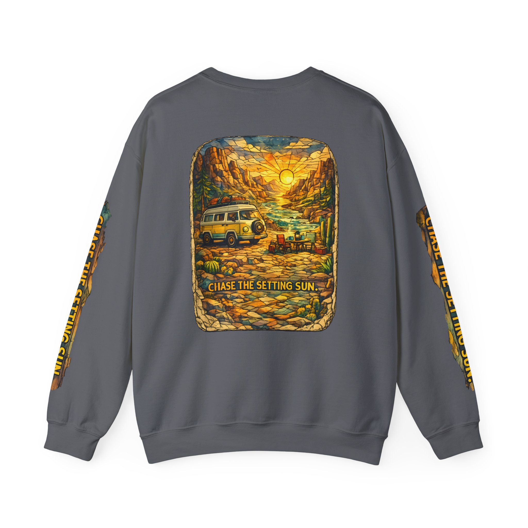 Unisex Heavy Blend™ Crewneck Sweatshirt — "Chase The Settings Sun" Design Cubic-Line