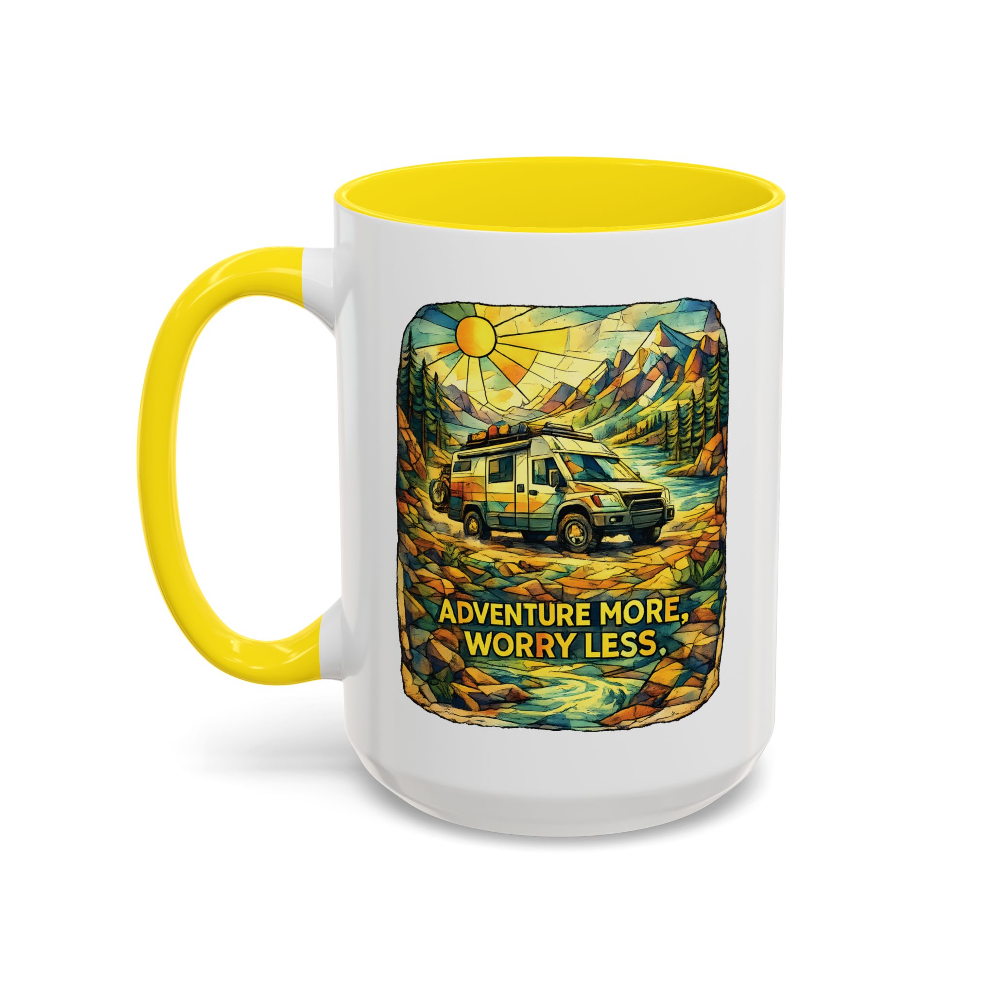 Accent Coffee Mug (11, 15oz) — "Adventure More Worry Less" Design Cubic-Line