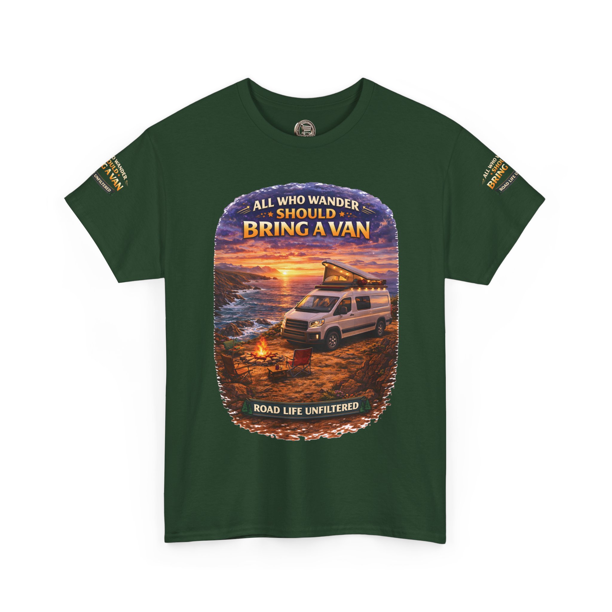 Unisex Heavy Cotton Tee — "All Who wander Should Bring A Van" Design Scenic-Line