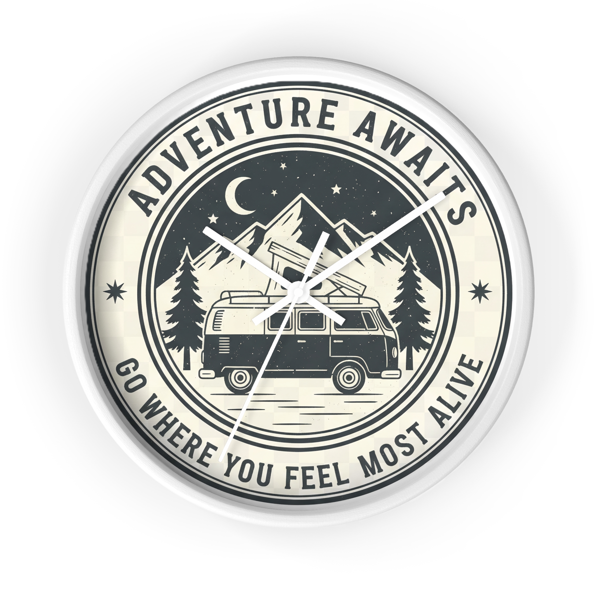 Wall Clock — "Adventure Awaits-Go Where You Feel Most Alive" Camper Van Mountain Travel Timepiece