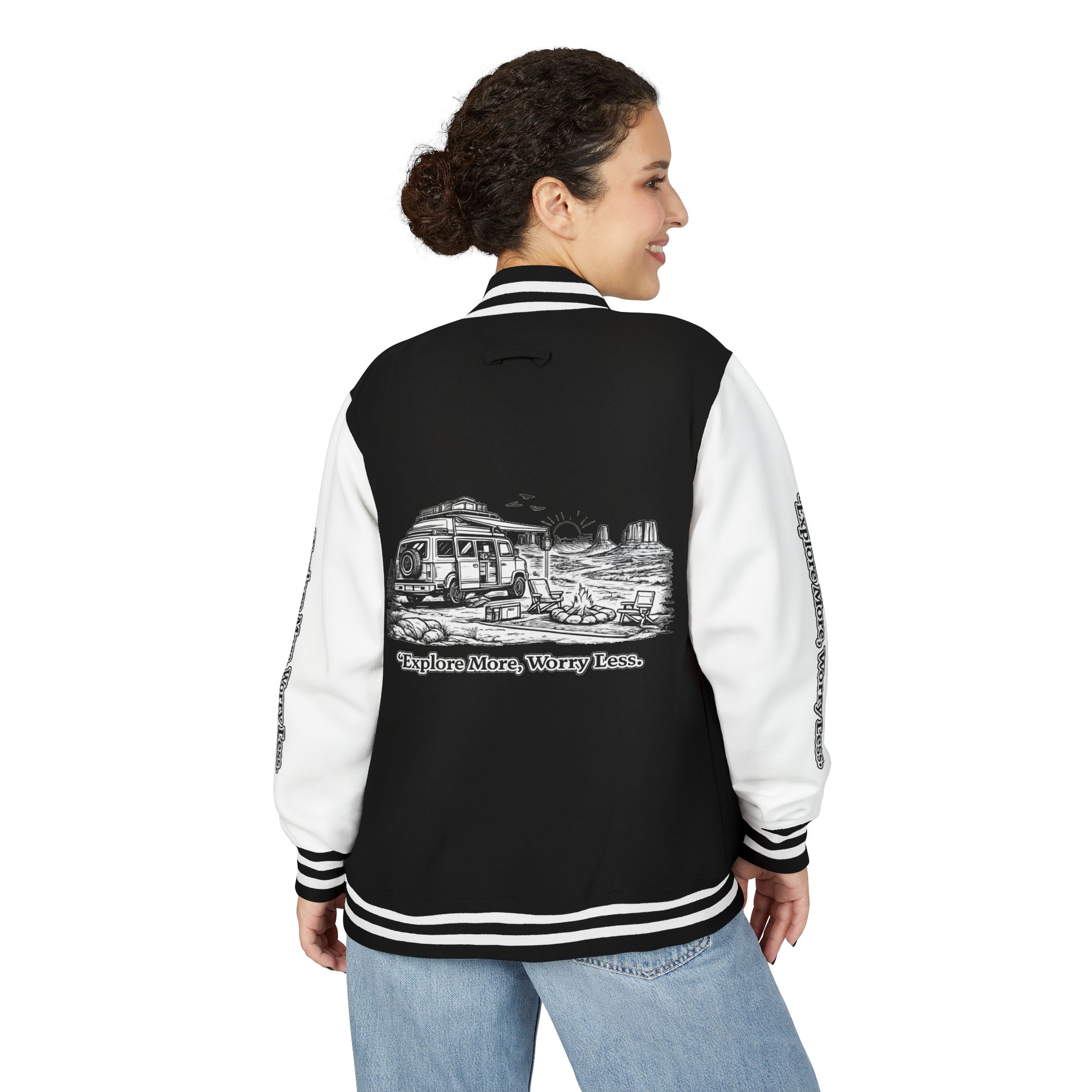 Unisex Heavyweight Letterman Jacket — "Explore More Worry Less" Travel Varsity Coat
